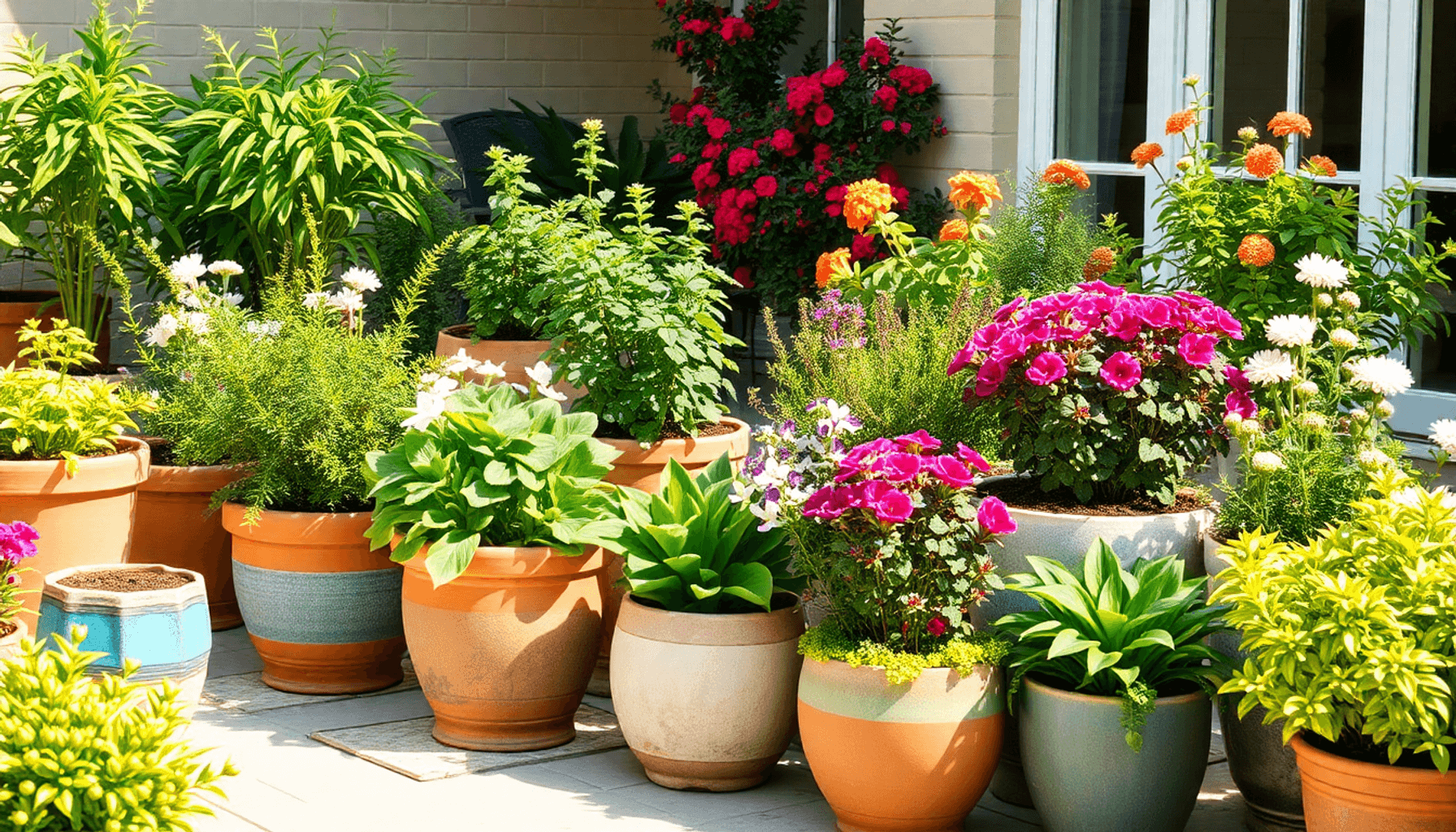 Sunlit patio with lush green plants and colorful flowers in diverse terracotta, ceramic, and recycled pots, showcasing vibrant foliage and textured… Sunlit patio with lush green plants and colorful flowers in diverse terracotta, ceramic, and recycled pots, showcasing vibrant foliage and textured...