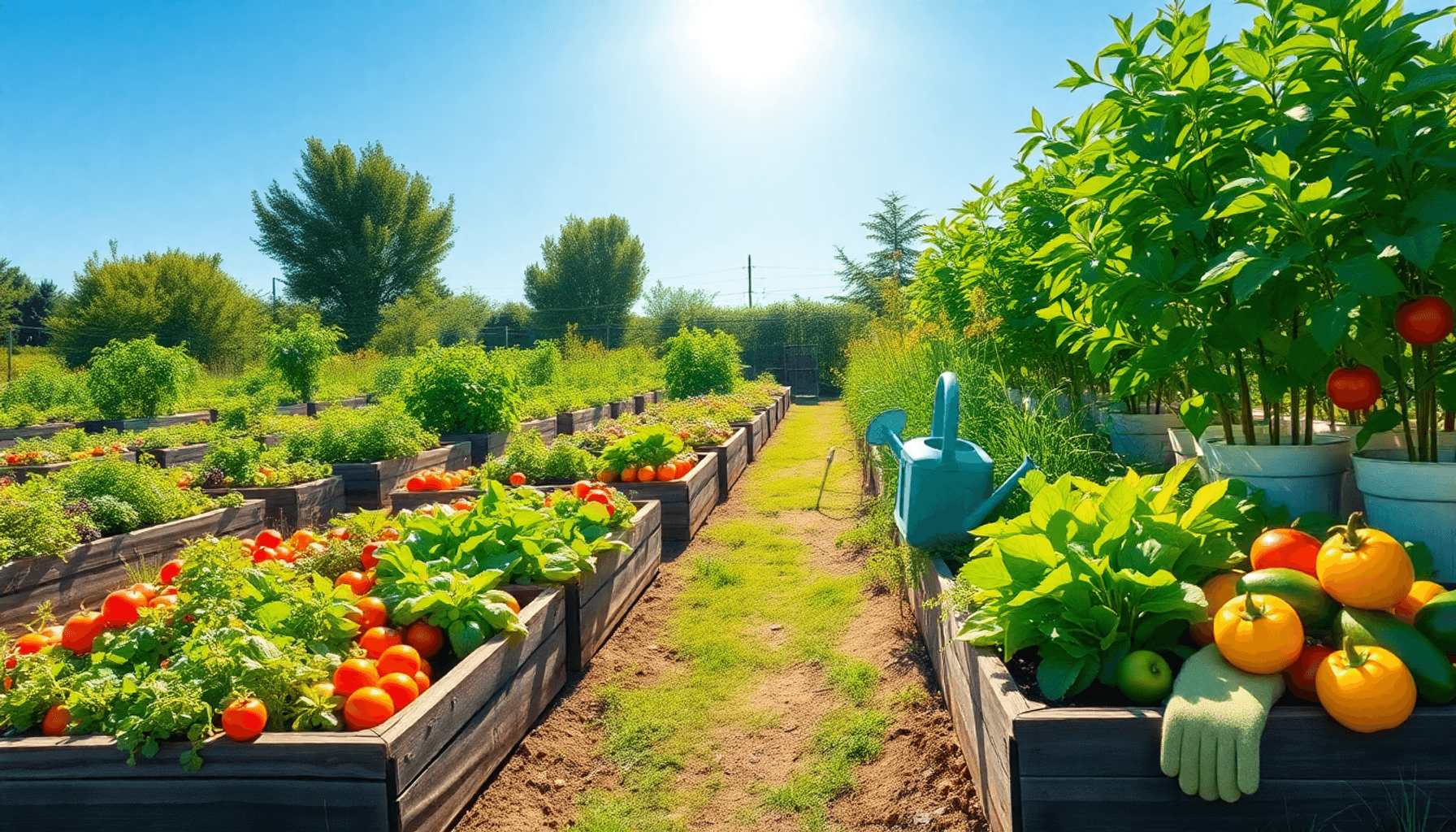 Sunlit vegetable garden with raised beds of colorful vegetables, winding paths, gardening tools nearby, and lush plants under a clear blue sky. Sunlit vegetable garden with raised beds of colorful vegetables, winding paths, gardening tools nearby, and lush plants under a clear blue sky.