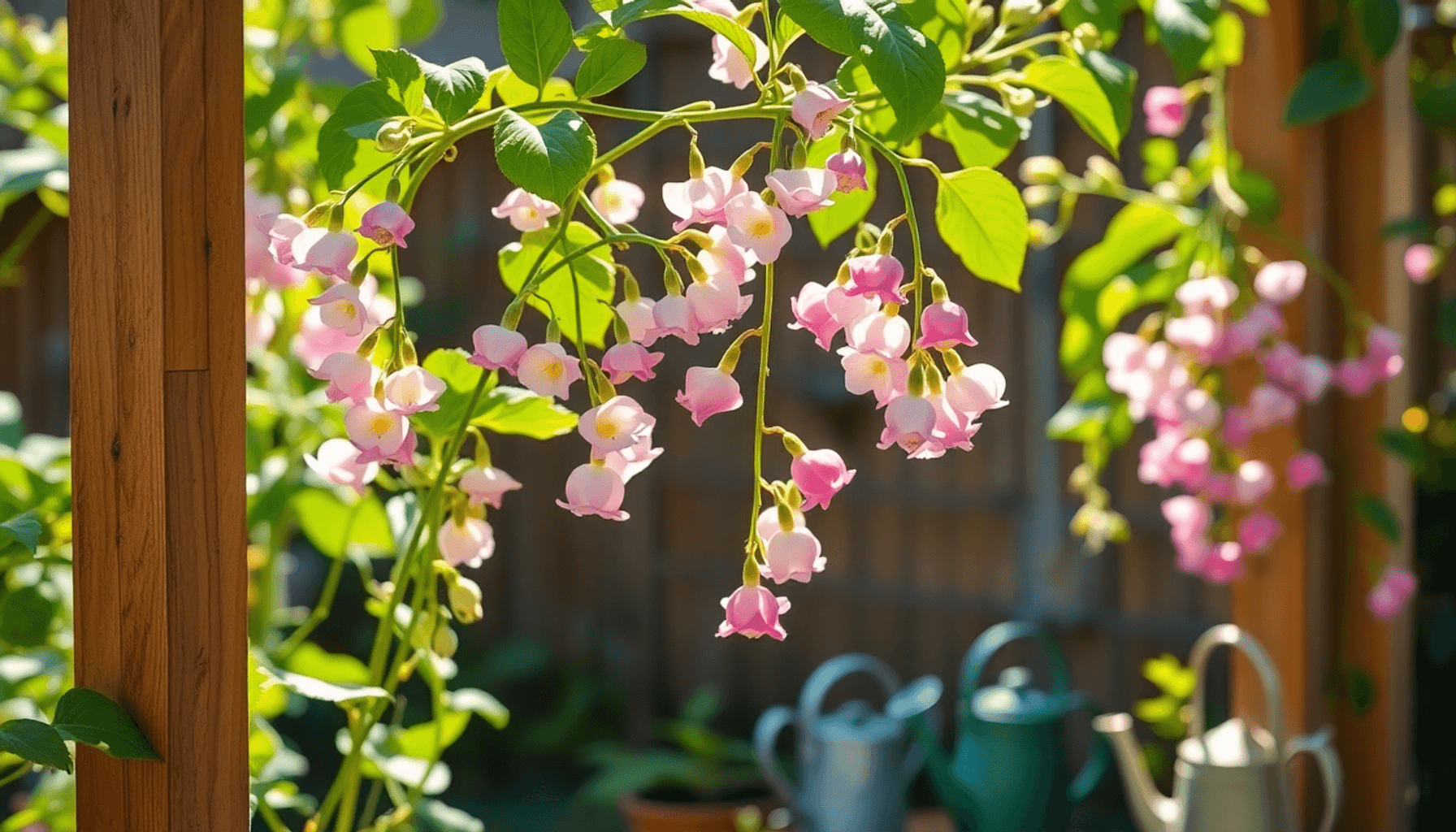 Sweet pea flowers blooming on a sunlit trellis with lush green leaves and gardening tools nearby in a peaceful home garden setting. Sweet pea flowers blooming on a sunlit trellis with lush green leaves and gardening tools nearby in a peaceful home garden setting.