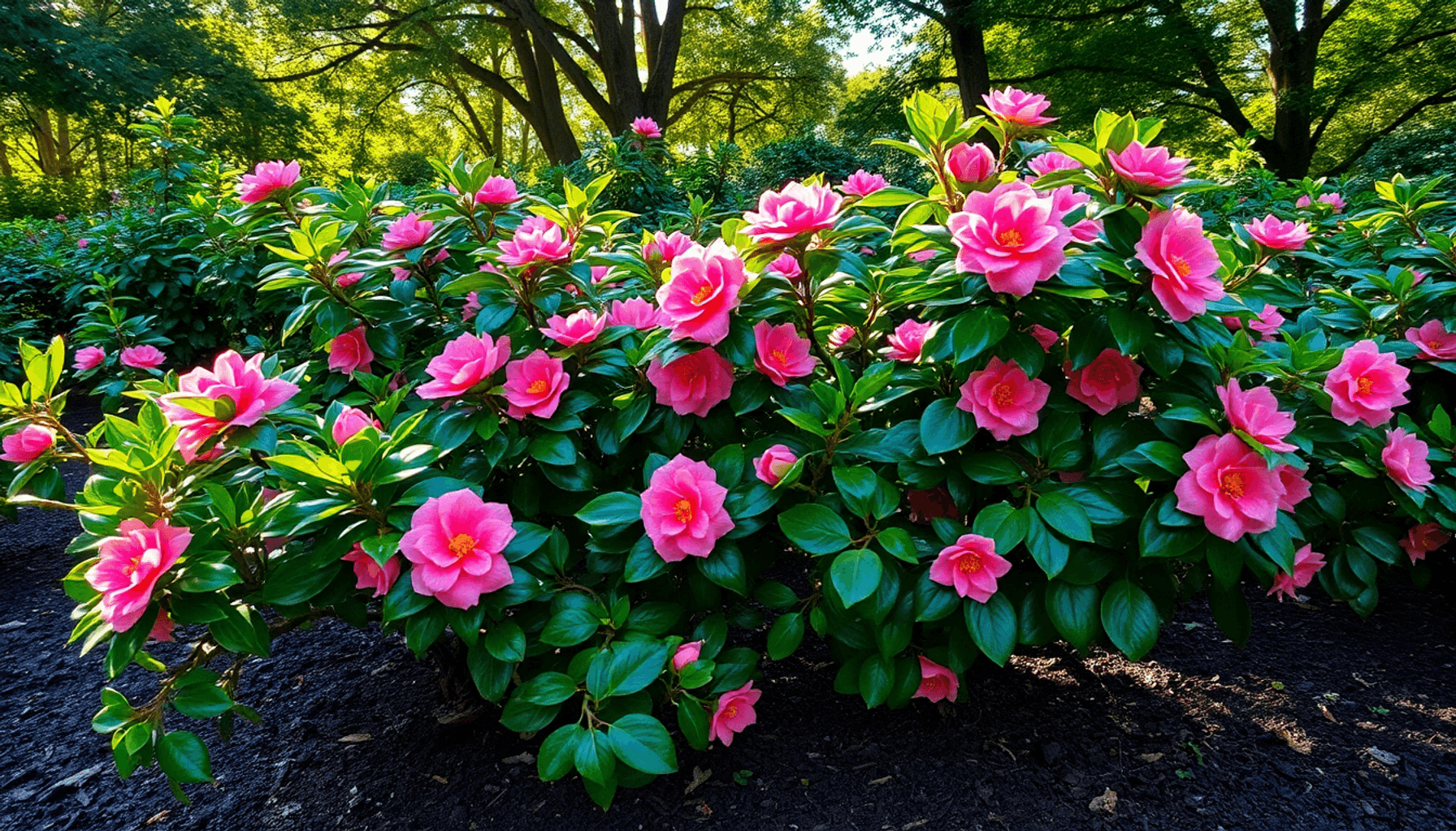 Vibrant garden with glossy camellia shrubs blooming pink and red flowers under soft sunlight, set in rich soil with organic mulch. Vibrant garden with glossy camellia shrubs blooming pink and red flowers under soft sunlight, set in rich soil with organic mulch.
