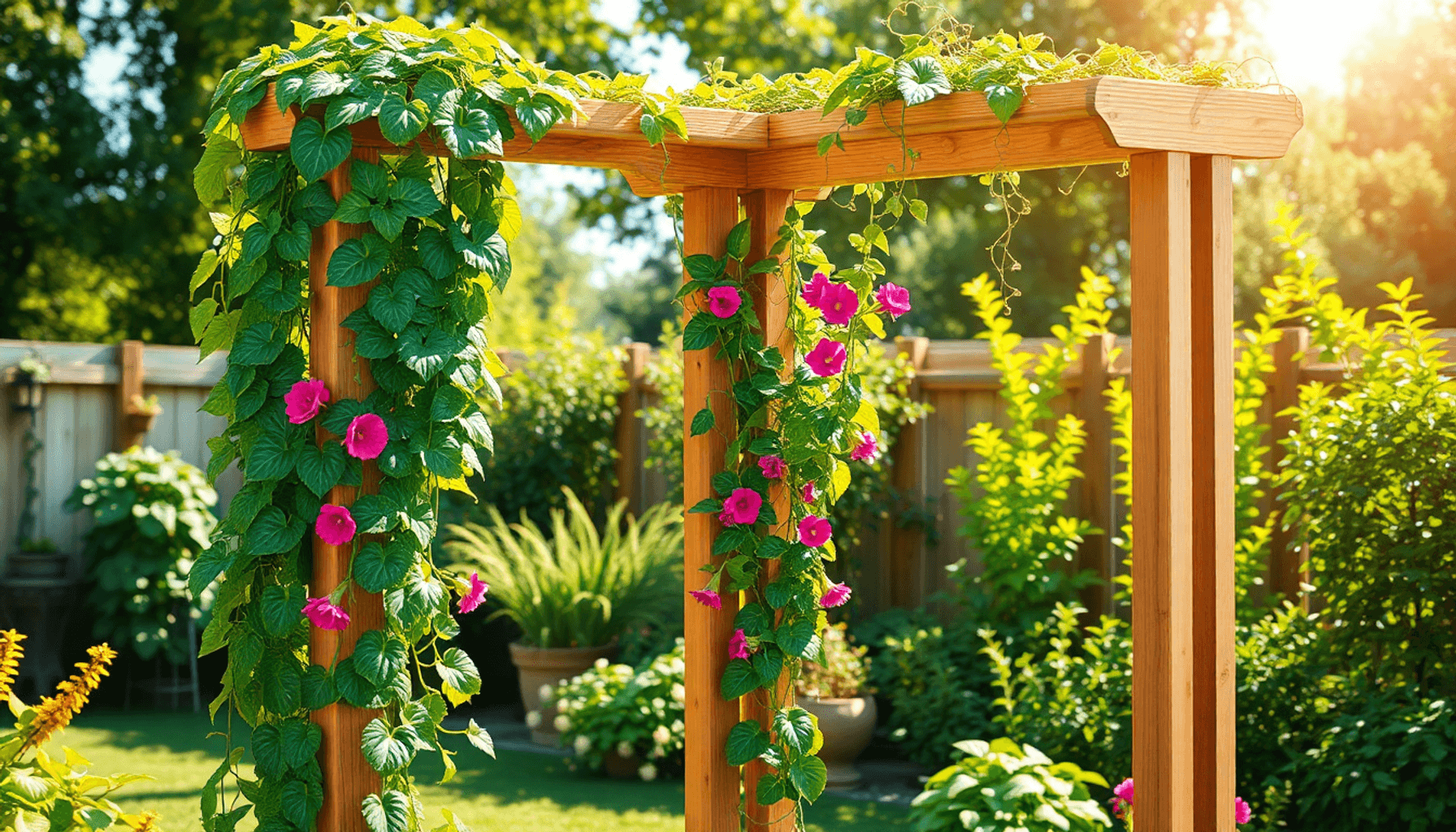 Wooden garden trellis with green climbing plants and colorful flowers in a sunny backyard filled with vibrant greenery and soft natural light. Wooden garden trellis with green climbing plants and colorful flowers in a sunny backyard filled with vibrant greenery and soft natural light.