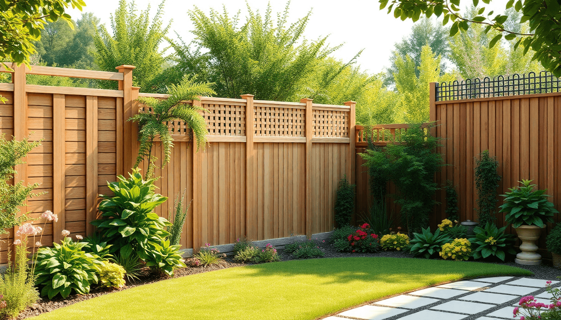 A British garden with diverse stylish fences—wooden panels, composite slats, metal railings—surrounding lush greenery and colorful plants in soft n...