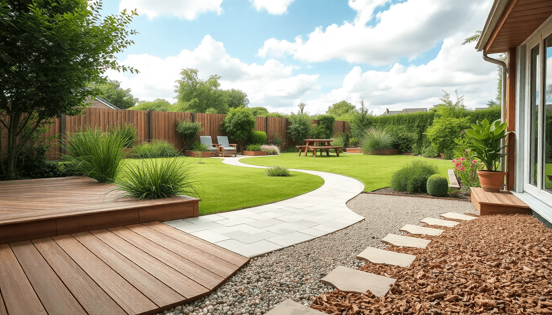 A bright UK garden featuring composite decking, aluminum panels, interlocking tiles, natural stone paving, gravel path, and bark chippings under a … A bright UK garden featuring composite decking, aluminum panels, interlocking tiles, natural stone paving, gravel path, and bark chippings under a ...