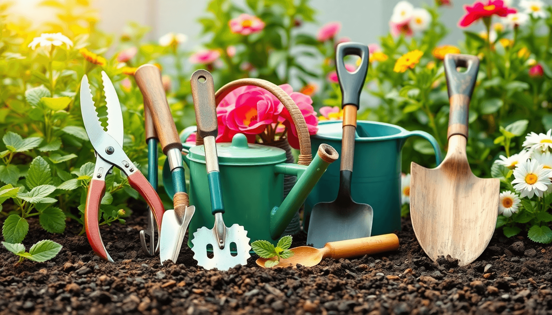 A bright garden scene with classic gardening tools on soil, surrounded by green plants and blooming flowers, symbolizing growth and care. A bright garden scene with classic gardening tools on soil, surrounded by green plants and blooming flowers, symbolizing growth and care.