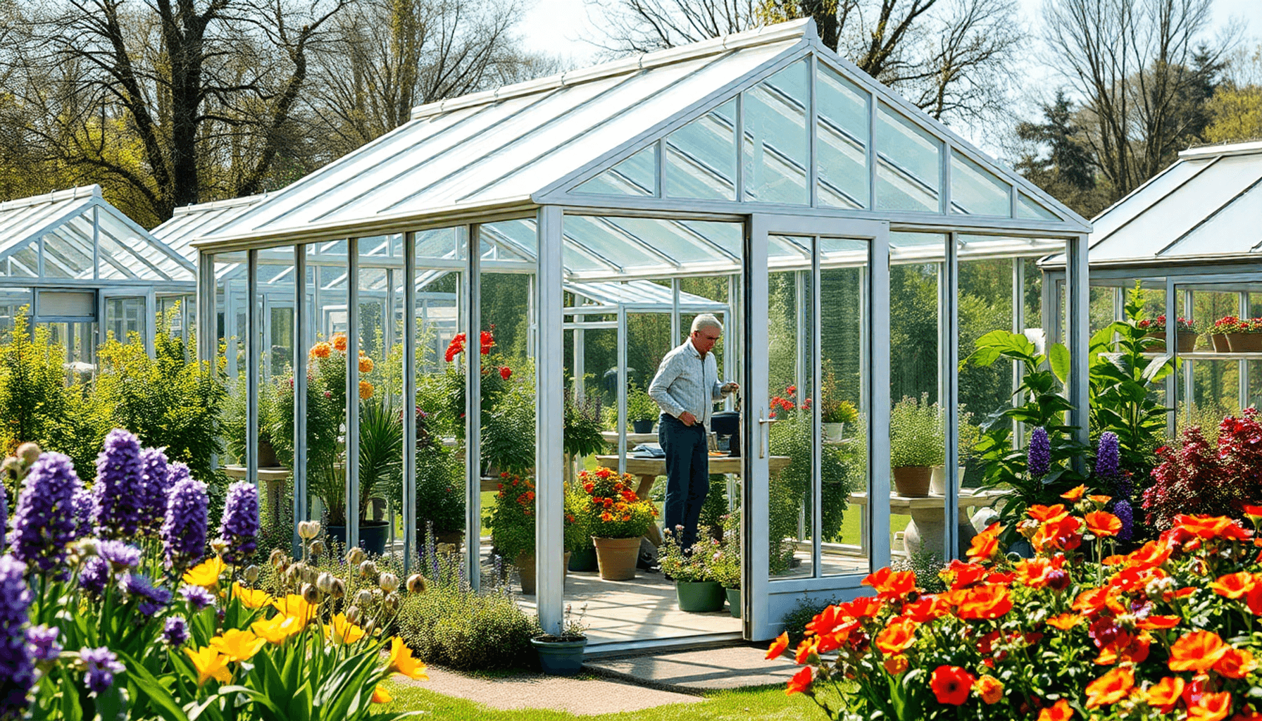 A bright greenhouse with clear glass and aluminum frame in a lush garden, surrounded by vibrant plants and multiple greenhouses under soft sunlight. A bright greenhouse with clear glass and aluminum frame in a lush garden, surrounded by vibrant plants and multiple greenhouses under soft sunlight.