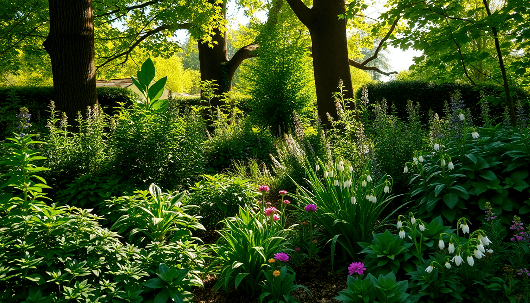 A serene UK garden corner with evergreen foliage, snowdrops, and flowering perennials under dappled sunlight filtering through tall trees. A serene UK garden corner with evergreen foliage, snowdrops, and flowering perennials under dappled sunlight filtering through tall trees.