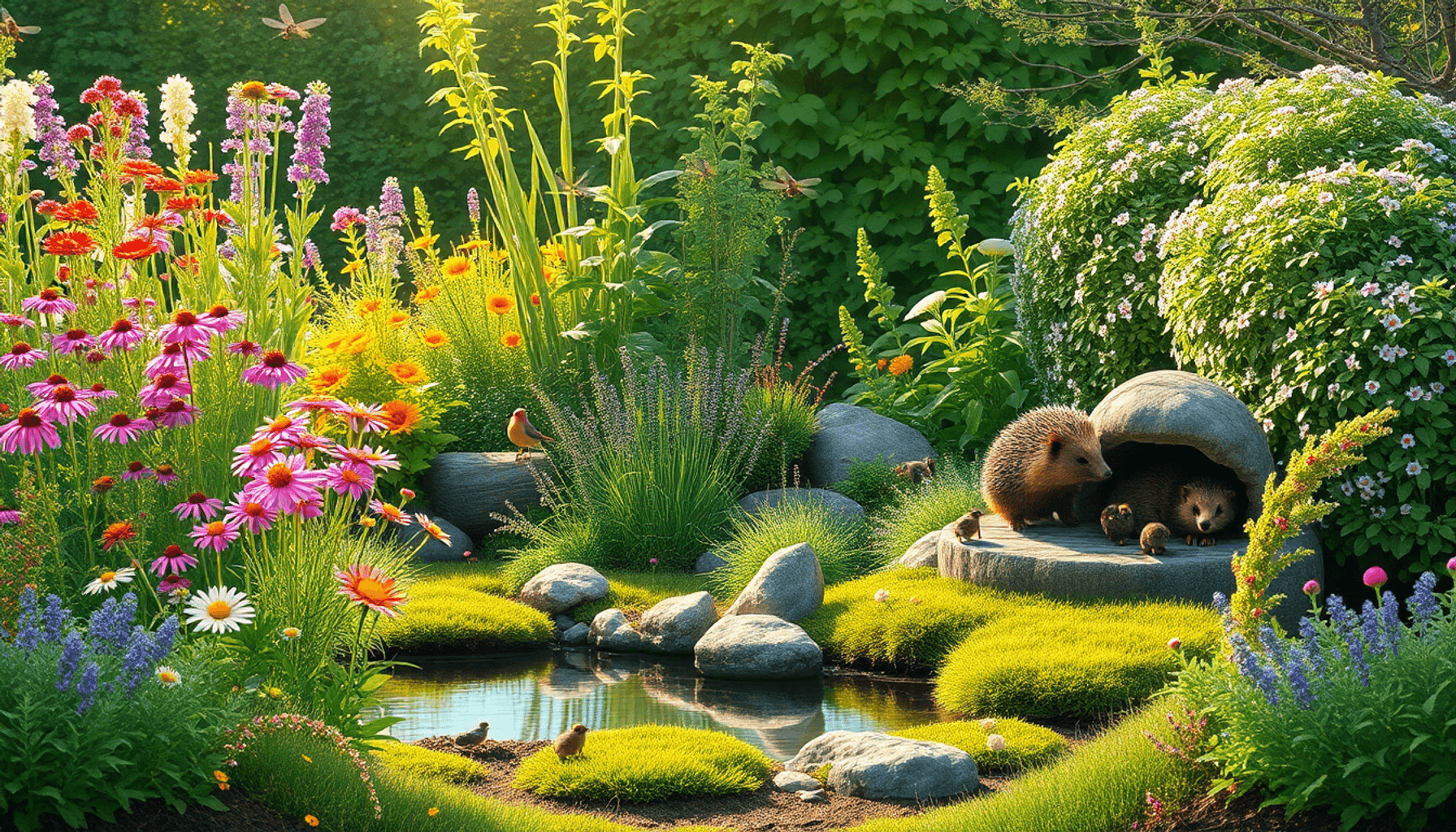 A sunlit UK garden with blooming native flowers, a small pond with dragonflies, a cozy log pile, dense shrubs, and wildlife including birds, bees, … A sunlit UK garden with blooming native flowers, a small pond with dragonflies, a cozy log pile, dense shrubs, and wildlife including birds, bees, ...