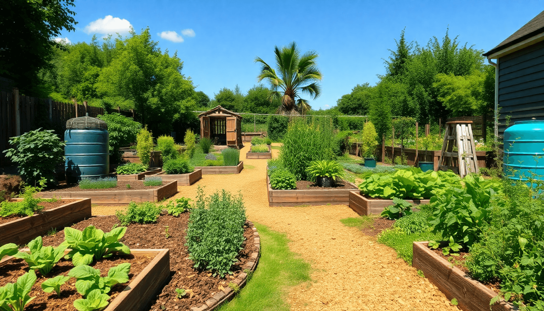 A sunny UK allotment with raised vegetable beds, mulched paths, gentle slopes, a rainwater barrel, and lush greenery under a clear blue sky. A sunny UK allotment with raised vegetable beds, mulched paths, gentle slopes, a rainwater barrel, and lush greenery under a clear blue sky.