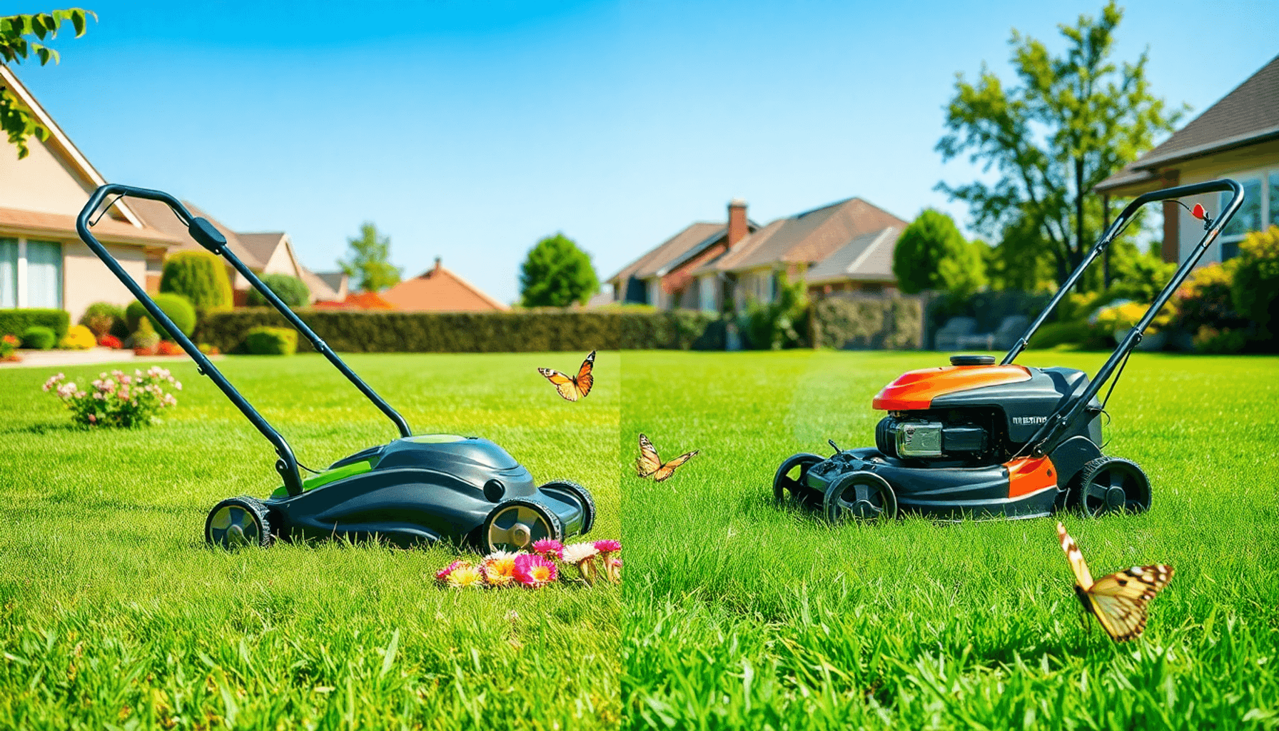 A sunny suburban garden with a green lawn split between a modern cordless mower with flowers and butterflies, and a classic petrol mower emitting s… A sunny suburban garden with a green lawn split between a modern cordless mower with flowers and butterflies, and a classic petrol mower emitting s...