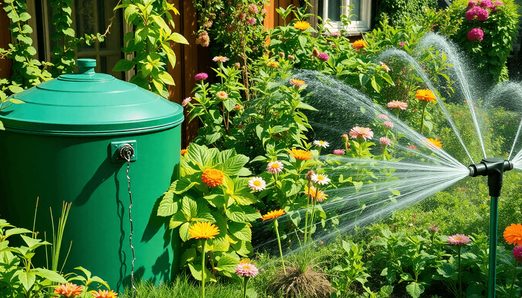 A vibrant UK garden with a large green water butt, healthy plants and flowers, and an irrigation system watering the garden under bright natural li… A vibrant UK garden with a large green water butt, healthy plants and flowers, and an irrigation system watering the garden under bright natural li...