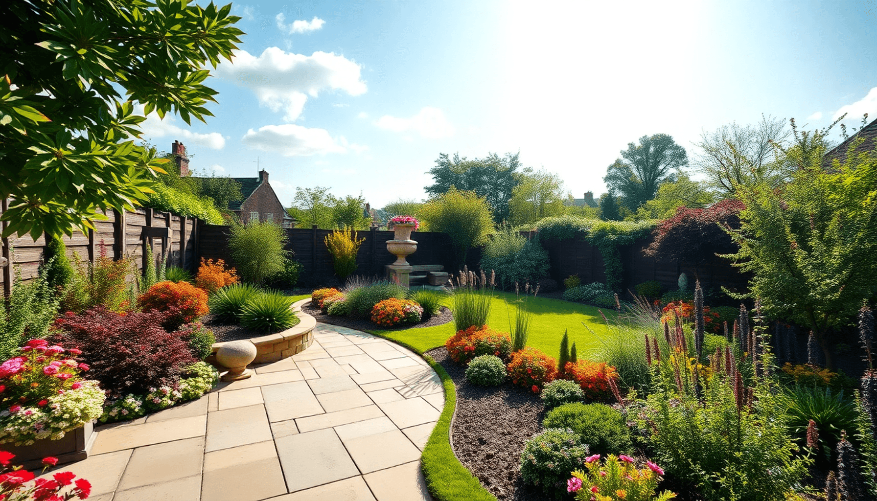 A vibrant UK garden with a stone patio and pathway, colorful plants, shrubs, and trees under a bright sky. A vibrant UK garden with a stone patio and pathway, colorful plants, shrubs, and trees under a bright sky.