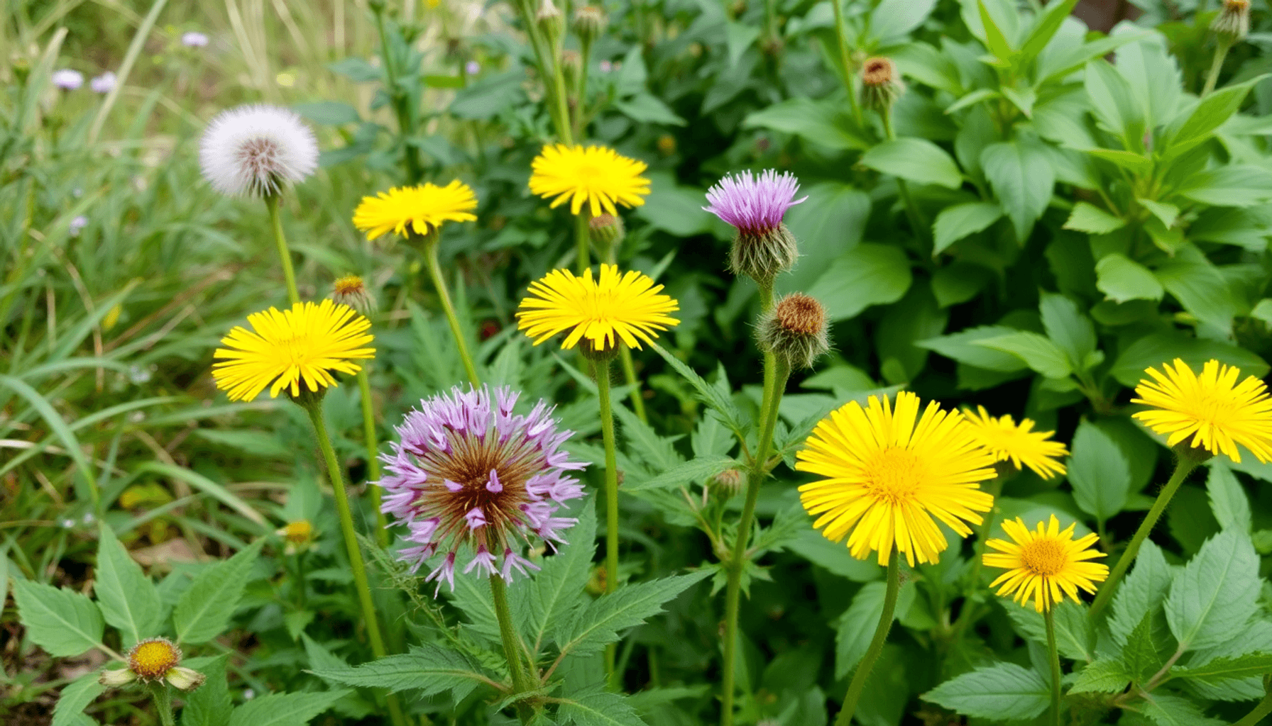 A vibrant UK garden with dandelions, creeping thistle, ground elder, and healthy plants against a soft natural background. A vibrant UK garden with dandelions, creeping thistle, ground elder, and healthy plants against a soft natural background.
