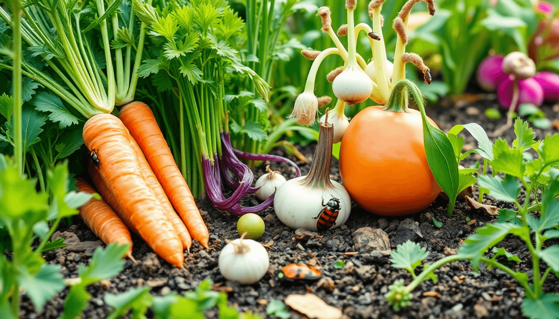 A vibrant UK vegetable garden with carrots, beans, alliums, ladybirds, and lacewings in lush green foliage under soft natural light.