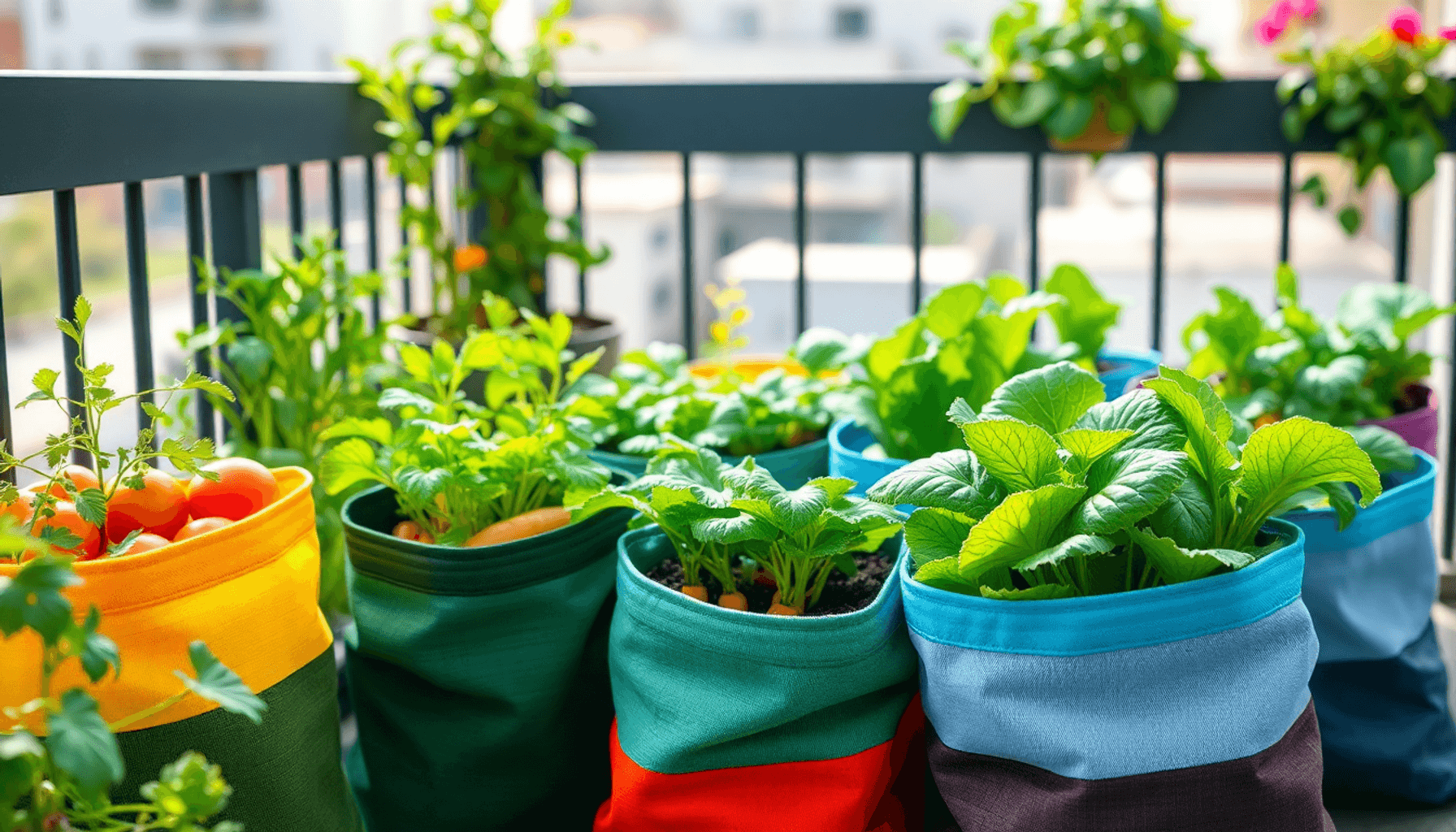 A vibrant balcony garden with colorful woven grow bags filled with tomatoes, carrots, and lettuce, bathed in soft natural sunlight. A vibrant balcony garden with colorful woven grow bags filled with tomatoes, carrots, and lettuce, bathed in soft natural sunlight.