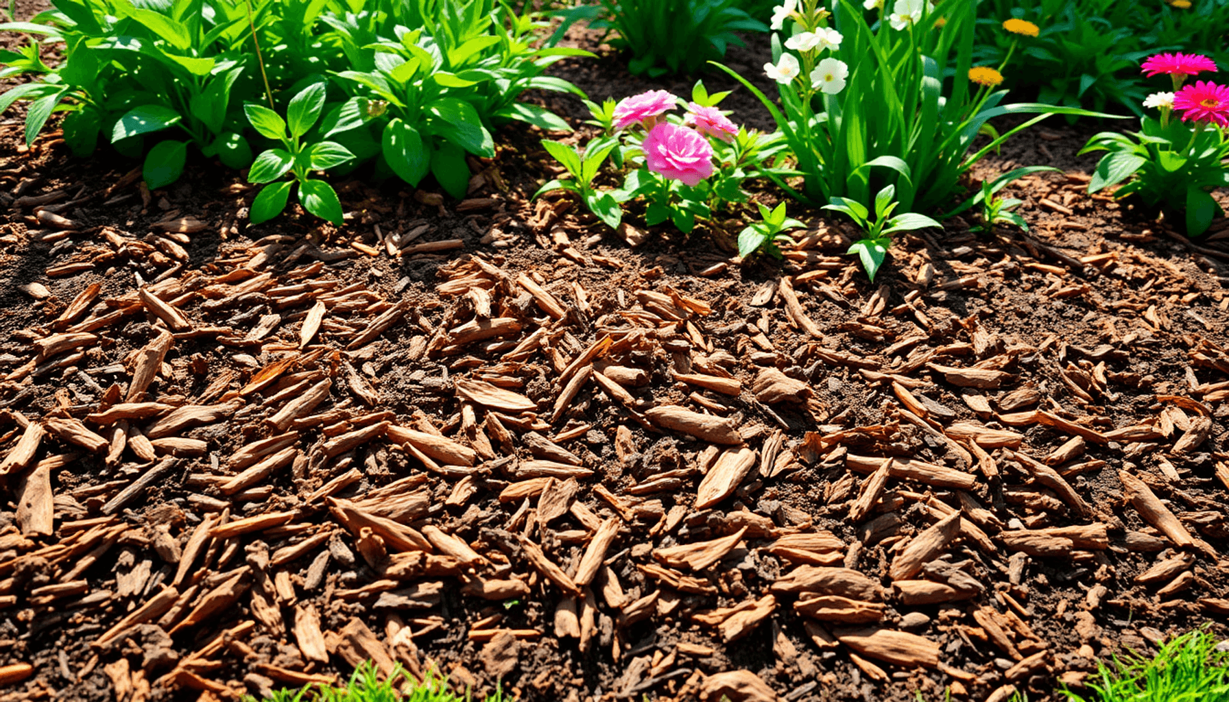 A vibrant garden bed with rich organic mulch covering soil, surrounded by green plants and flowers under soft sunlight, symbolizing growth and natu… A vibrant garden bed with rich organic mulch covering soil, surrounded by green plants and flowers under soft sunlight, symbolizing growth and natu...