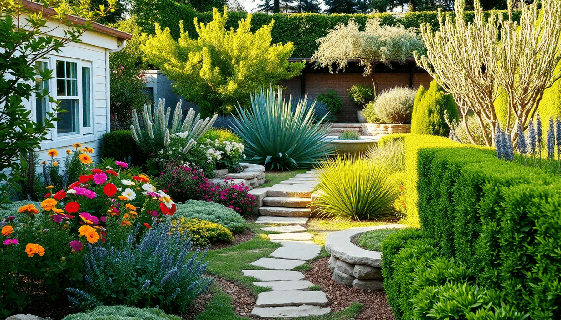 A vibrant garden combining cottage flowers, sleek stone elements, a reflective water feature, Mediterranean plants, and formal hedges in warm natur...