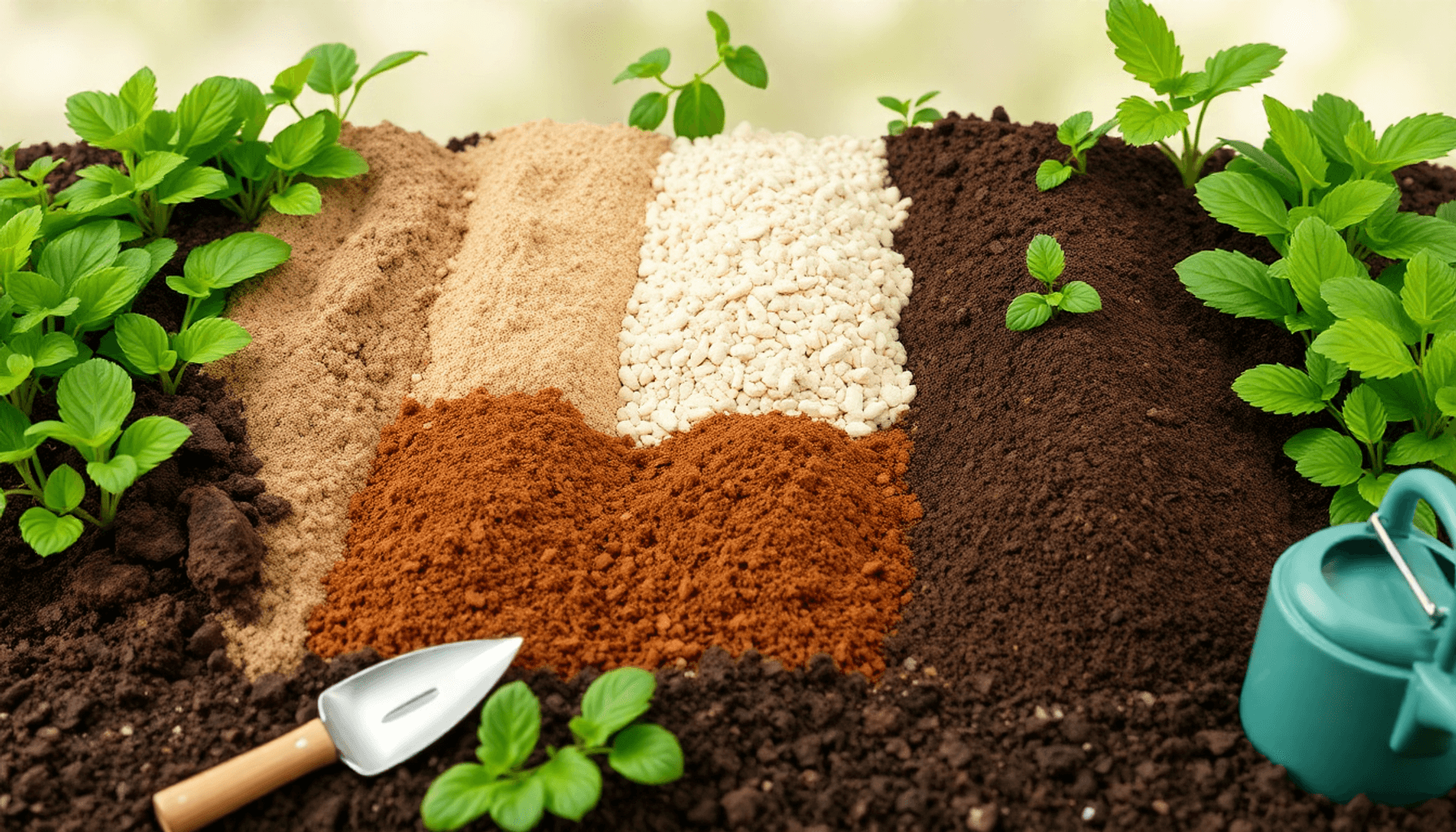 A vibrant garden scene displaying six soil types side by side with green plants and gardening tools against a soft natural background.