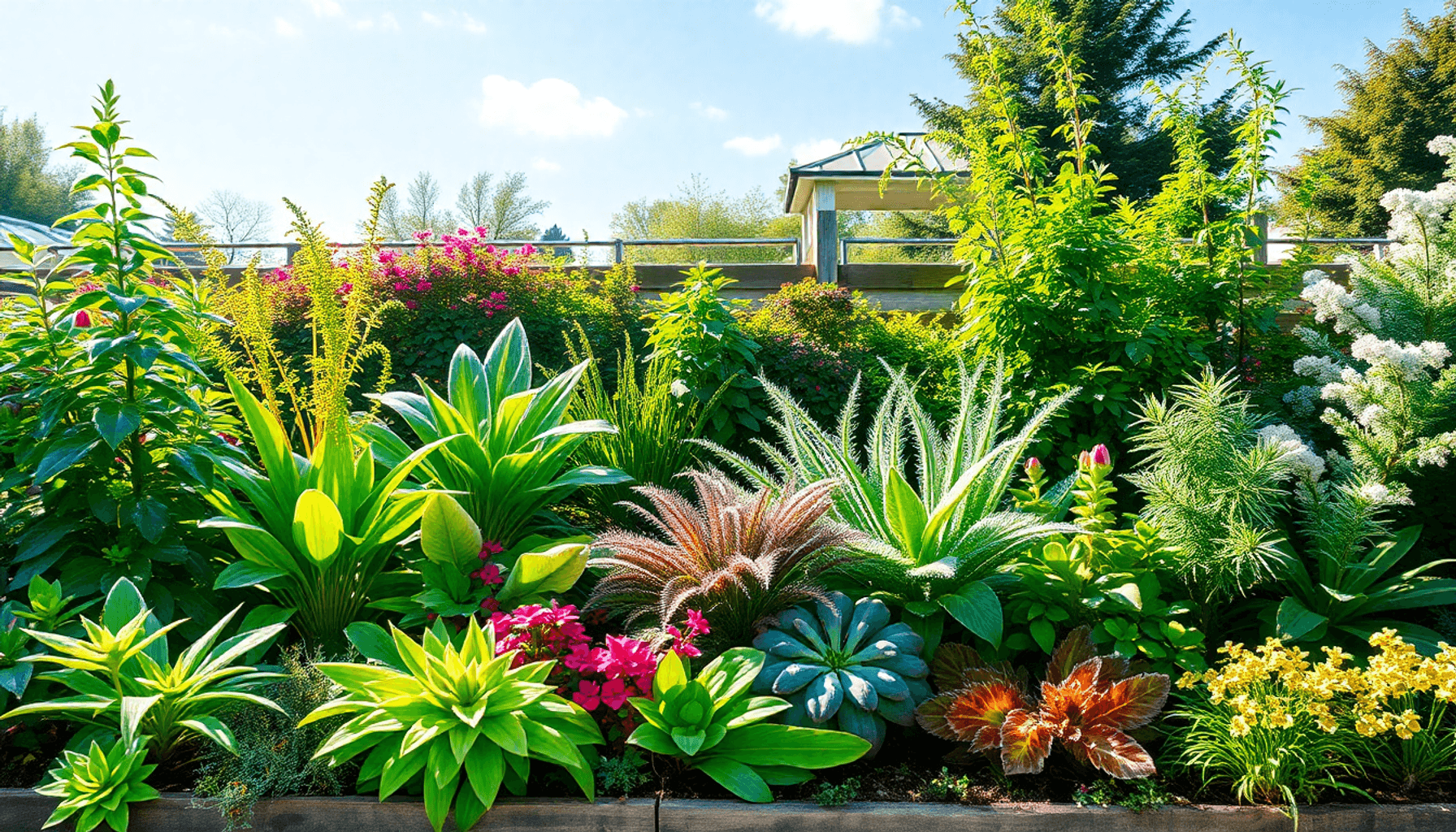 A vibrant garden showing diverse UK plants from tropical to winter-hardy, with sunlight, frost, and lush greenery under a clear sky in a natural se… A vibrant garden showing diverse UK plants from tropical to winter-hardy, with sunlight, frost, and lush greenery under a clear sky in a natural se...
