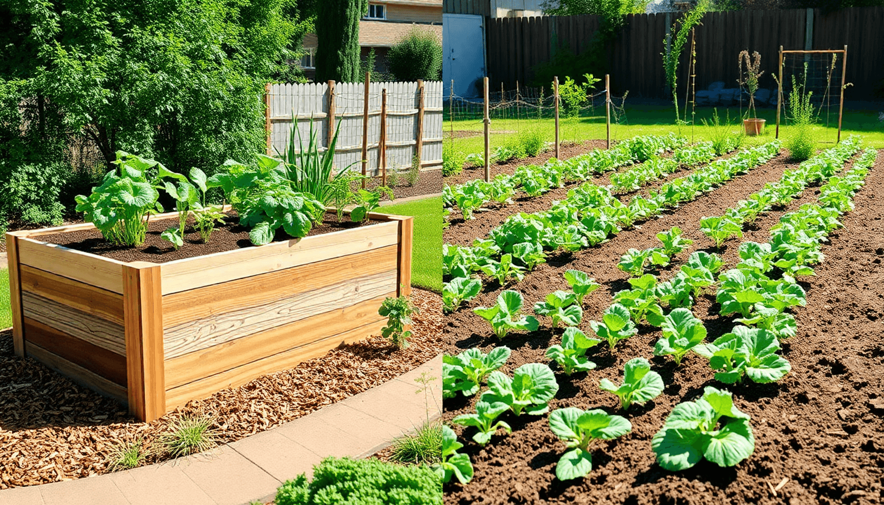 A vibrant garden split into two halves: neat raised wooden beds with vegetables on one side, and traditional in-ground rows with plants on the othe...