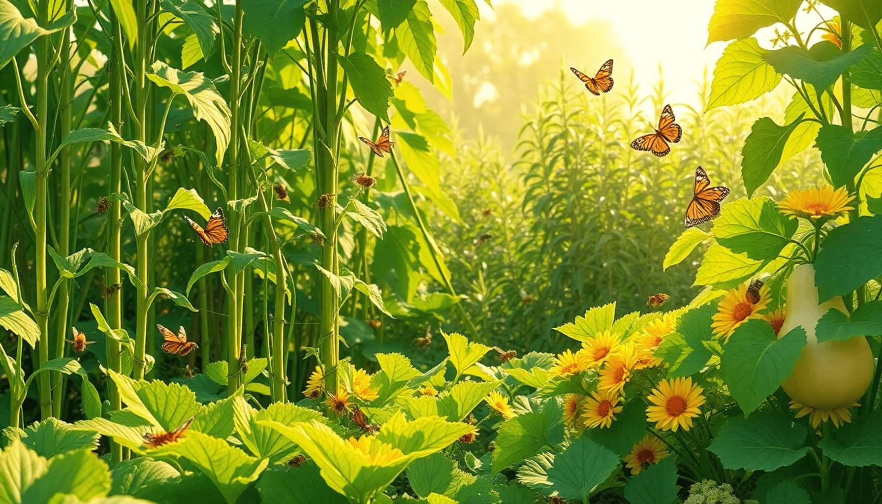 A vibrant garden with corn stalks, climbing beans, sprawling squash leaves, butterflies, and bees pollinating flowers under warm sunlight in a real… A vibrant garden with corn stalks, climbing beans, sprawling squash leaves, butterflies, and bees pollinating flowers under warm sunlight in a real...
