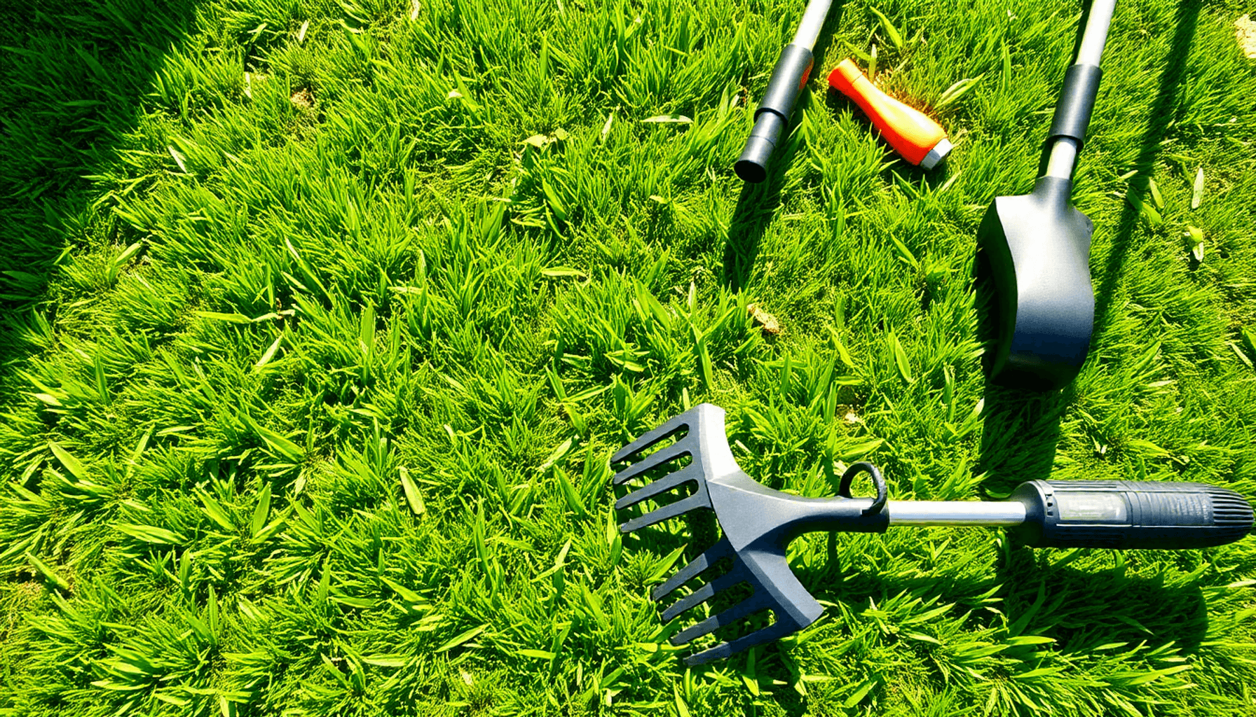 A vibrant green lawn with healthy grass blades, surrounded by a manual rake and an electric scarifier on the grass under bright natural daylight. A vibrant green lawn with healthy grass blades, surrounded by a manual rake and an electric scarifier on the grass under bright natural daylight.