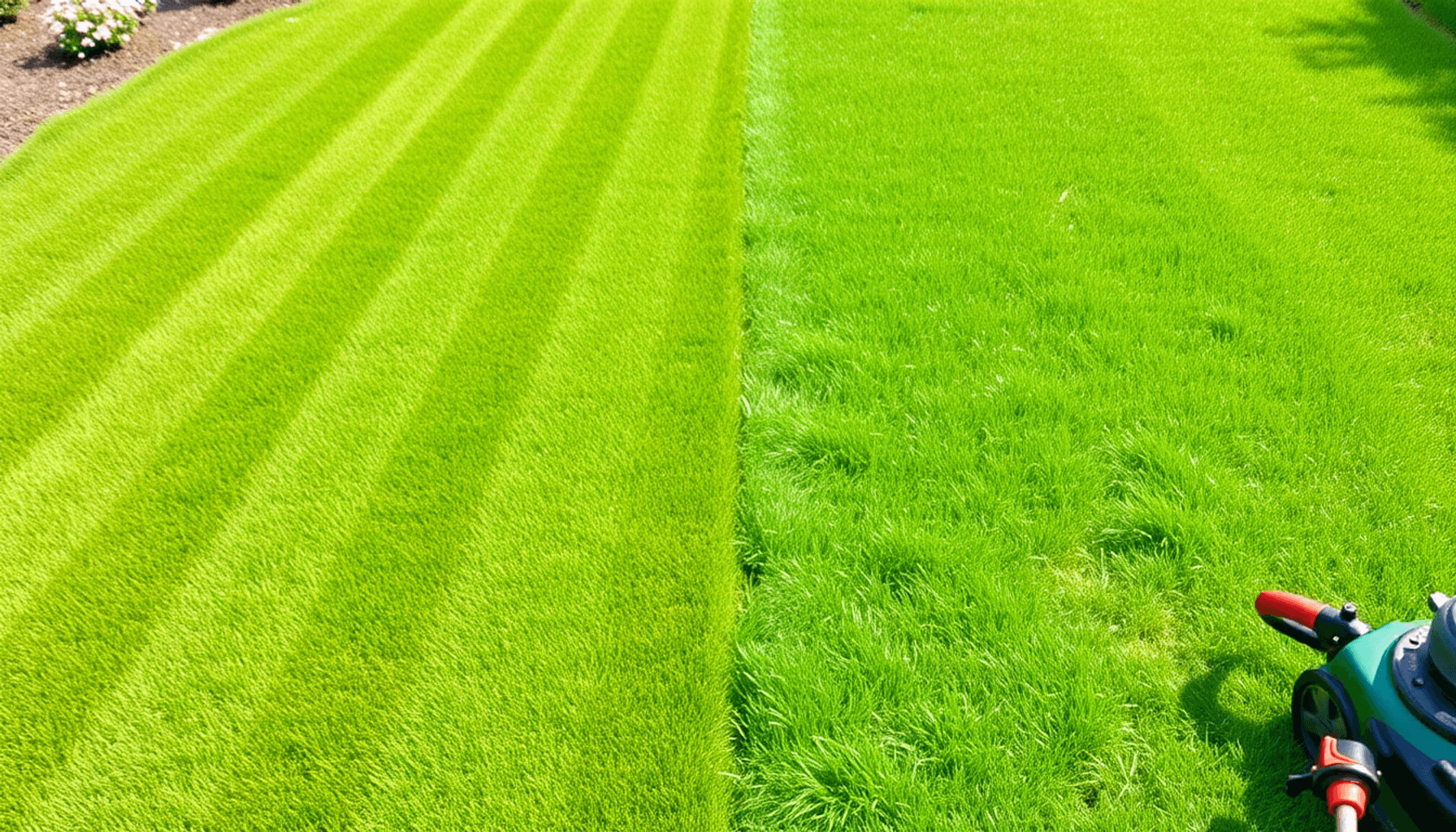 A vibrant lawn split into two halves: one with neatly striped, trimmed grass and the other with taller, uneven grass; gardening tools nearby in bri… A vibrant lawn split into two halves: one with neatly striped, trimmed grass and the other with taller, uneven grass; gardening tools nearby in bri...