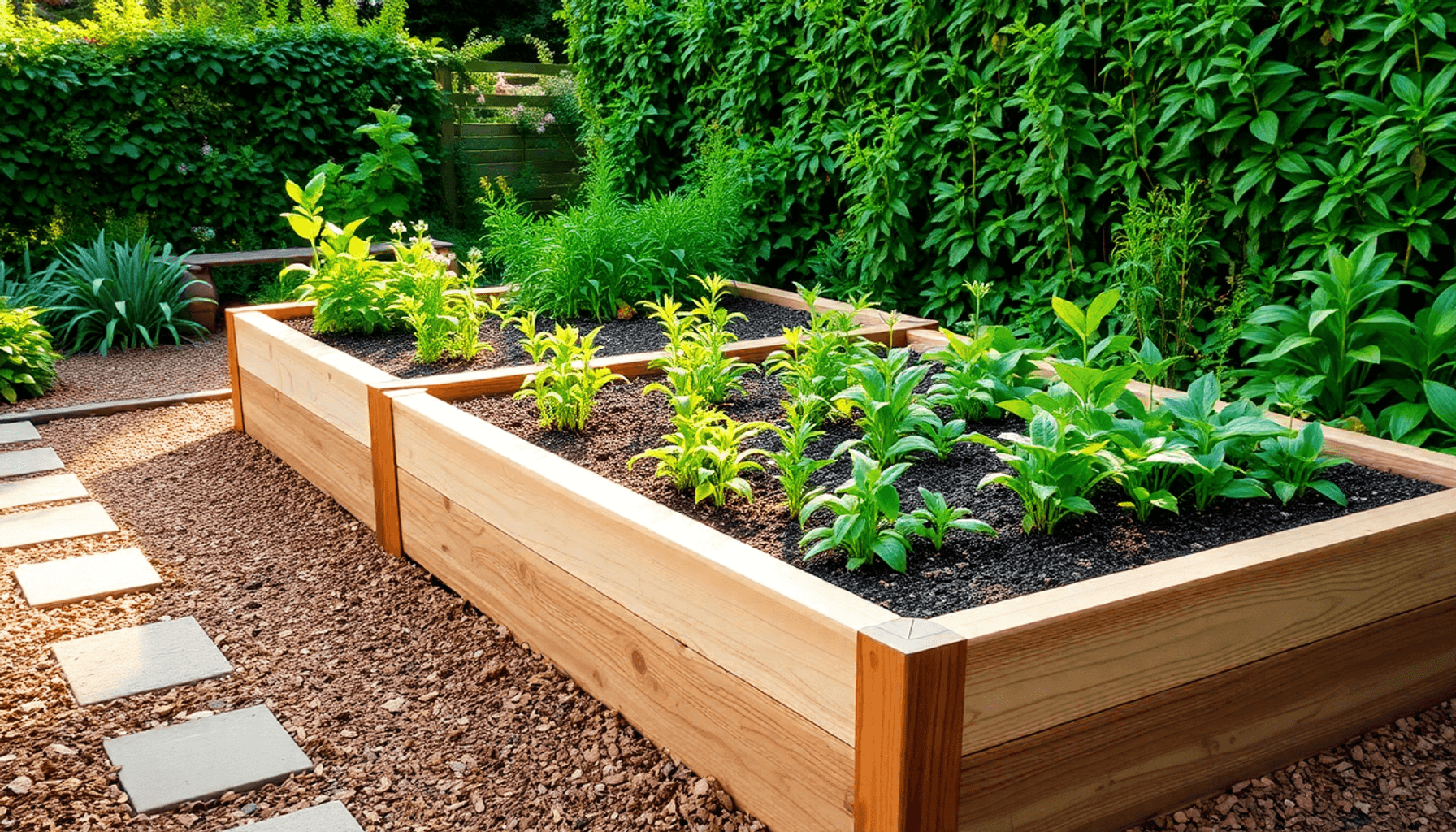 A vibrant raised garden bed with wooden and stone materials, healthy green plants, neat mulch pathways, in a lush garden under soft natural daylight. A vibrant raised garden bed with wooden and stone materials, healthy green plants, neat mulch pathways, in a lush garden under soft natural daylight.