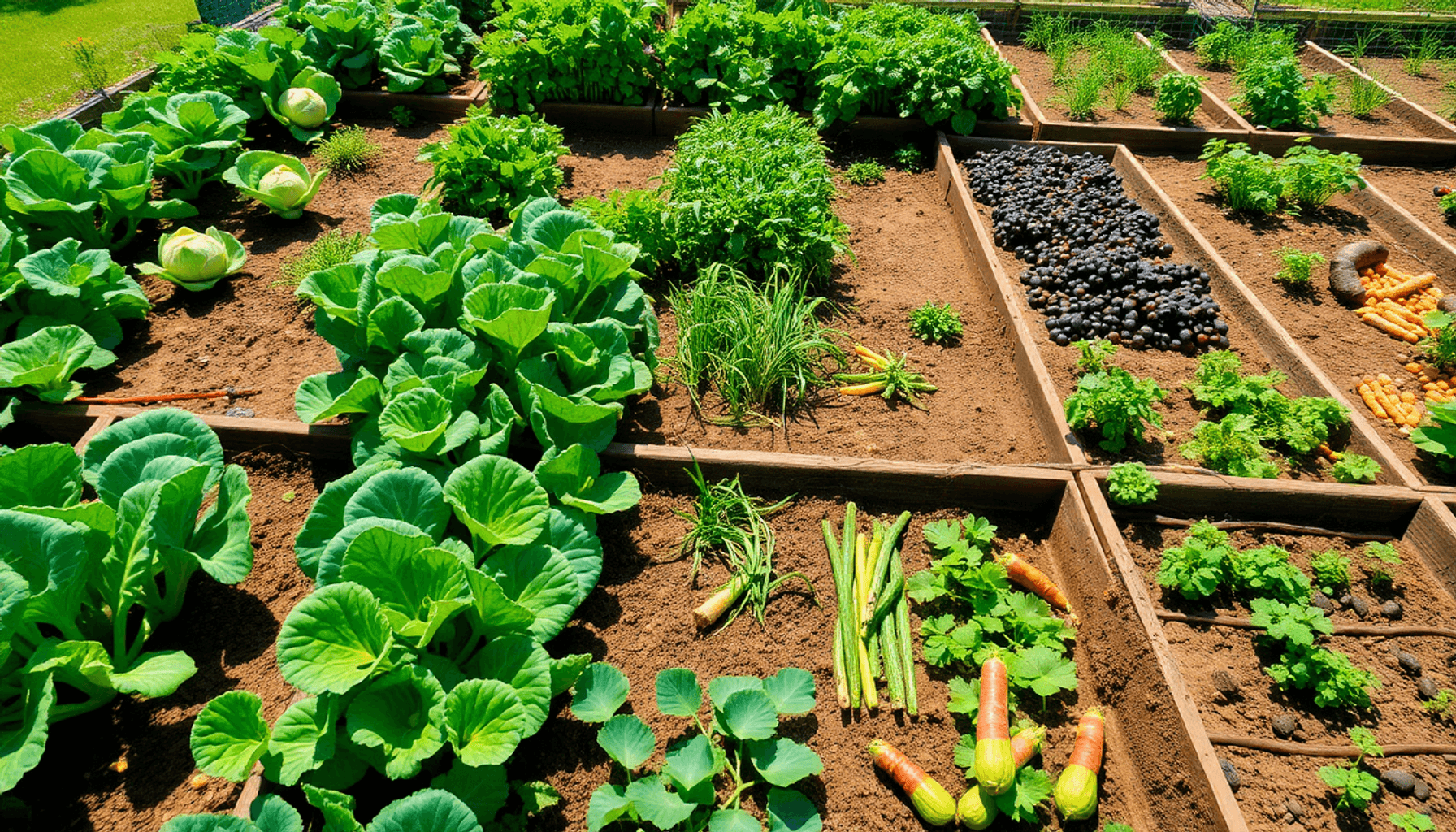 Aerial view of a vibrant vegetable garden with neat rectangular beds of green brassicas, colorful root vegetables, and legumes under soft sunlight. Aerial view of a vibrant vegetable garden with neat rectangular beds of green brassicas, colorful root vegetables, and legumes under soft sunlight.