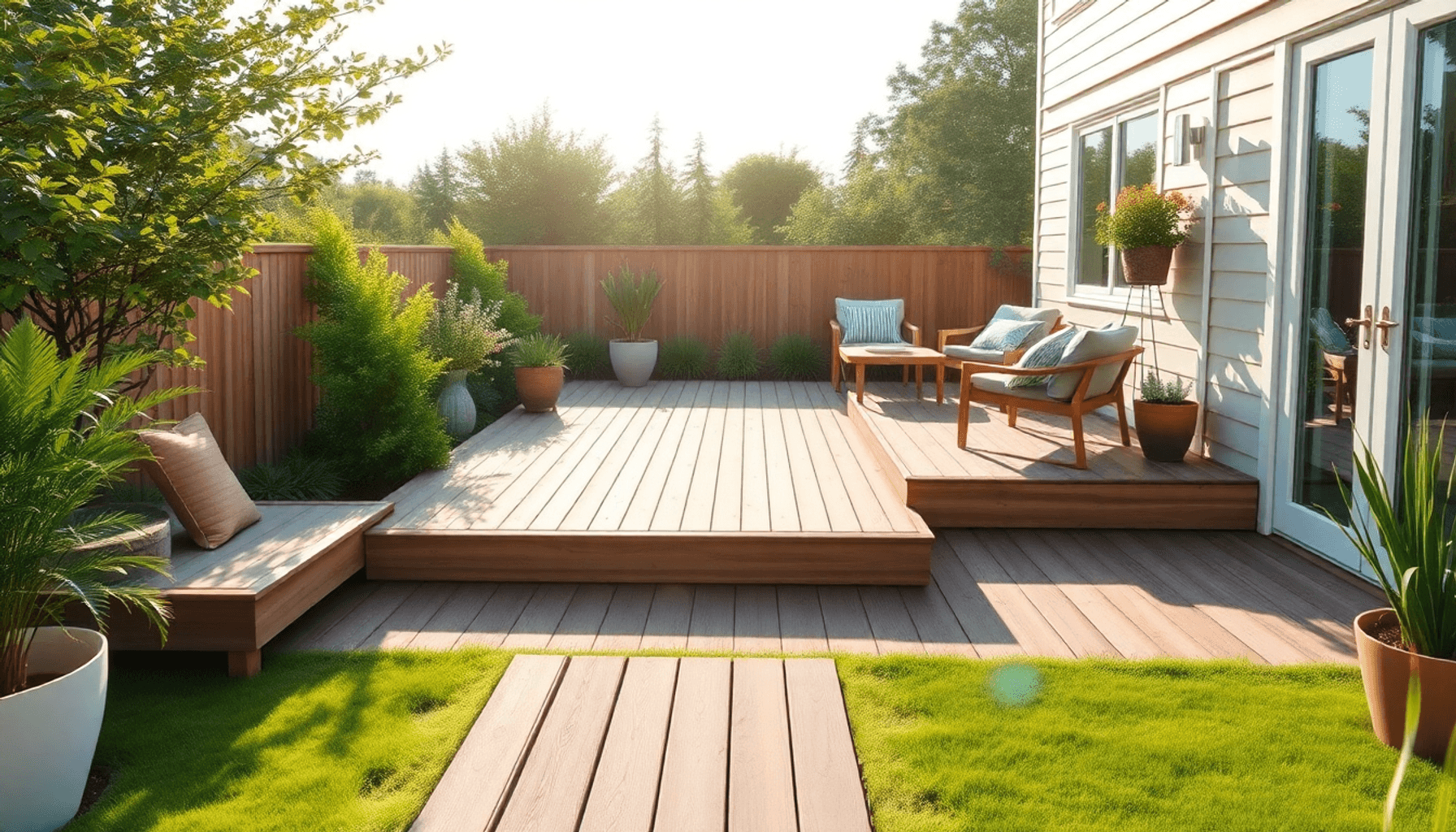 Backyard with mixed decking styles—timber, composite, PVC—surrounded by greenery and soft sunlight, creating a warm and inviting outdoor space. Backyard with mixed decking styles—timber, composite, PVC—surrounded by greenery and soft sunlight, creating a warm and inviting outdoor space.