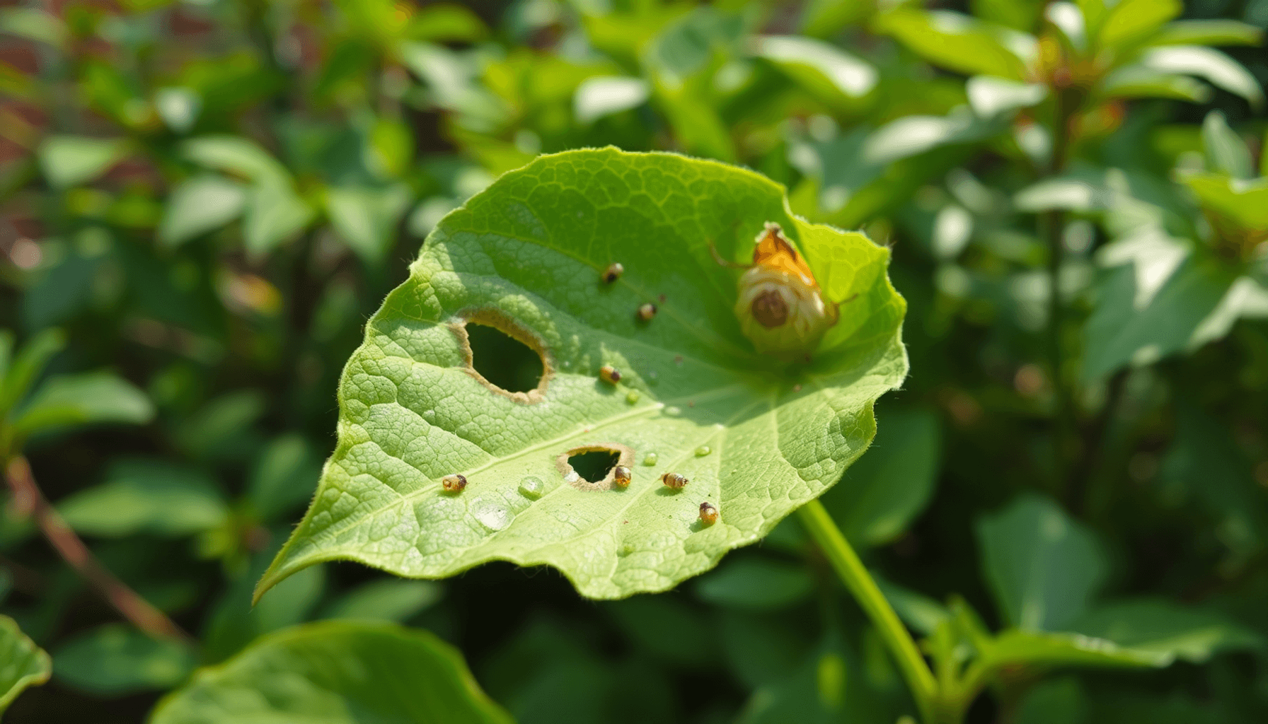 Close-up of a green garden leaf with holes, curling edges, and small aphids, set against a softly blurred garden background with sunlight. Close-up of a green garden leaf with holes, curling edges, and small aphids, set against a softly blurred garden background with sunlight.