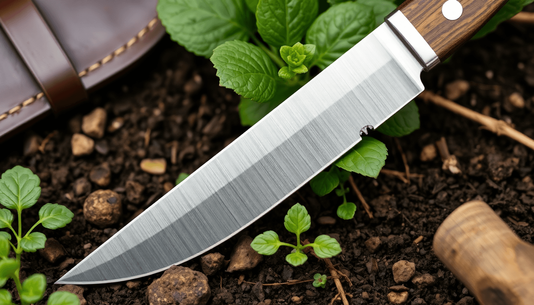 Close-up of a traditional Hori Hori gardening knife with serrated carbon steel blade and wooden handle resting on soil among green plants and roots… Close-up of a traditional Hori Hori gardening knife with serrated carbon steel blade and wooden handle resting on soil among green plants and roots...