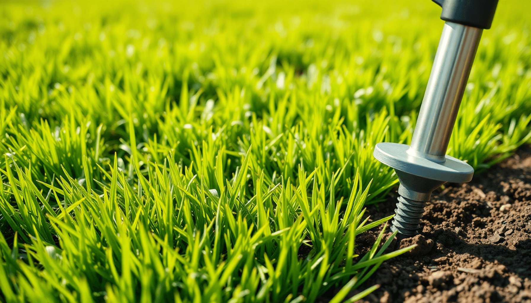 Close-up of a vibrant green lawn with small soil holes and a manual lawn aerator tool partially inserted, bathed in soft natural sunlight. Close-up of a vibrant green lawn with small soil holes and a manual lawn aerator tool partially inserted, bathed in soft natural sunlight.