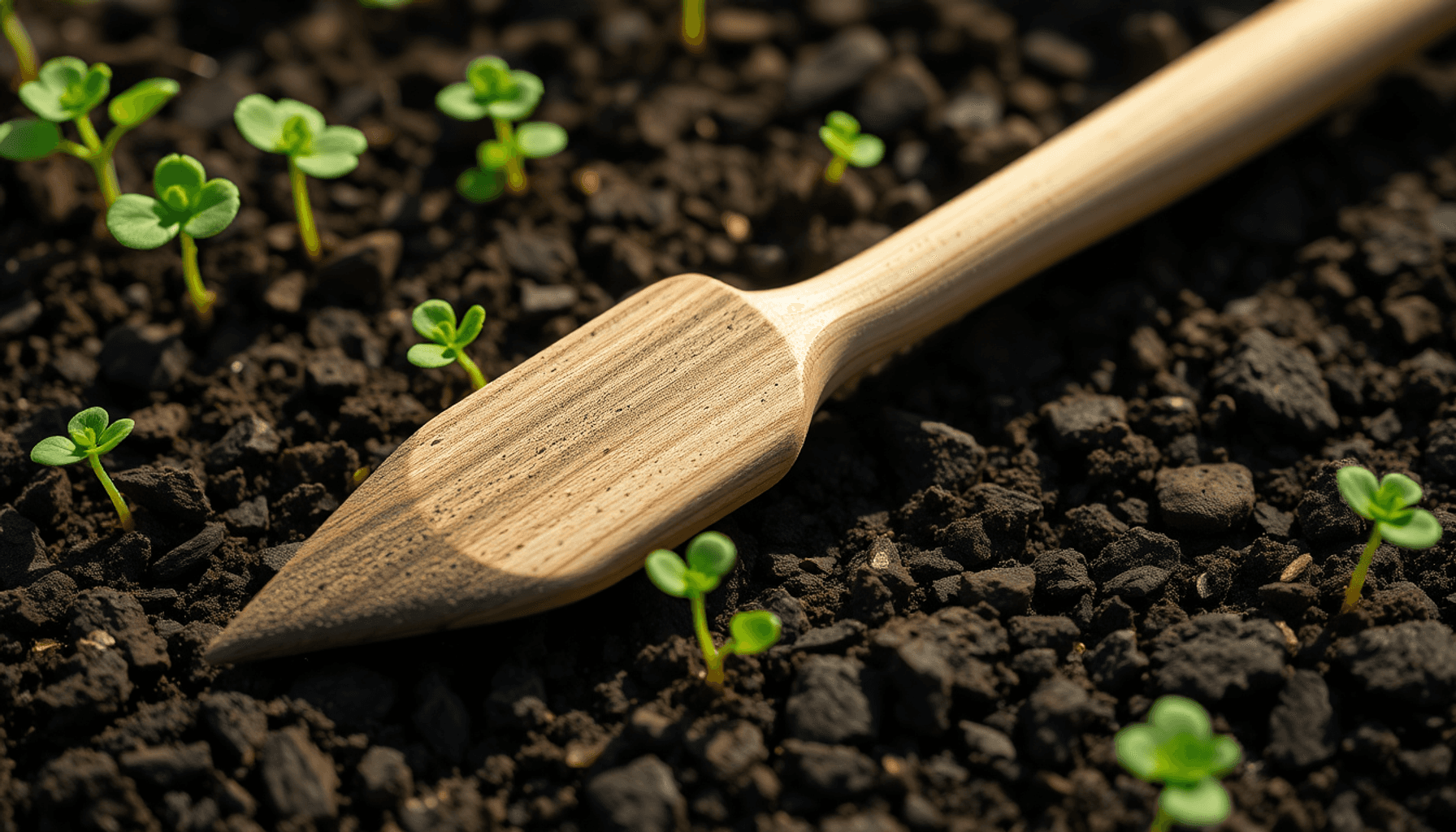 Close-up of a wooden dibber tool on rich soil with small seedlings, bathed in soft natural sunlight, highlighting the gardening scene. Close-up of a wooden dibber tool on rich soil with small seedlings, bathed in soft natural sunlight, highlighting the gardening scene.