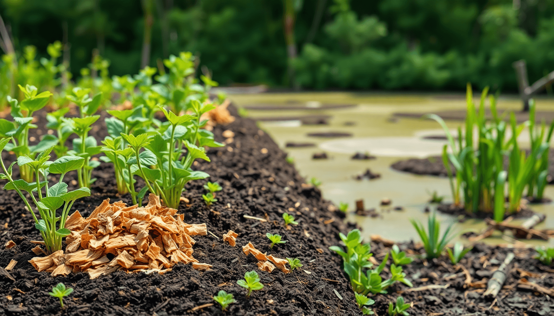 Close-up of compost ingredients like bark chips and coconut coir beside healthy plants in soil, with a peaceful peat bog landscape under soft sunli… Close-up of compost ingredients like bark chips and coconut coir beside healthy plants in soil, with a peaceful peat bog landscape under soft sunli...