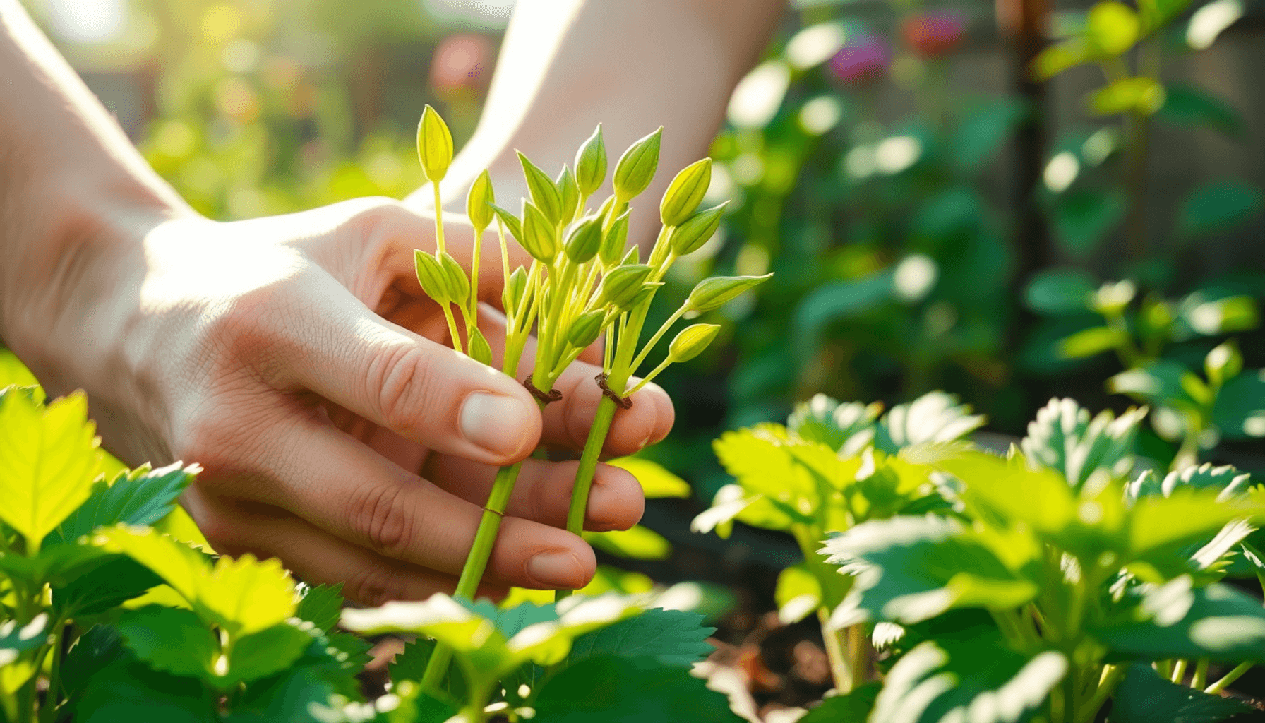 Close-up of green plant stems with new shoots being gently pinched off by hands, surrounded by vibrant garden plants in soft natural sunlight. Close-up of green plant stems with new shoots being gently pinched off by hands, surrounded by vibrant garden plants in soft natural sunlight.
