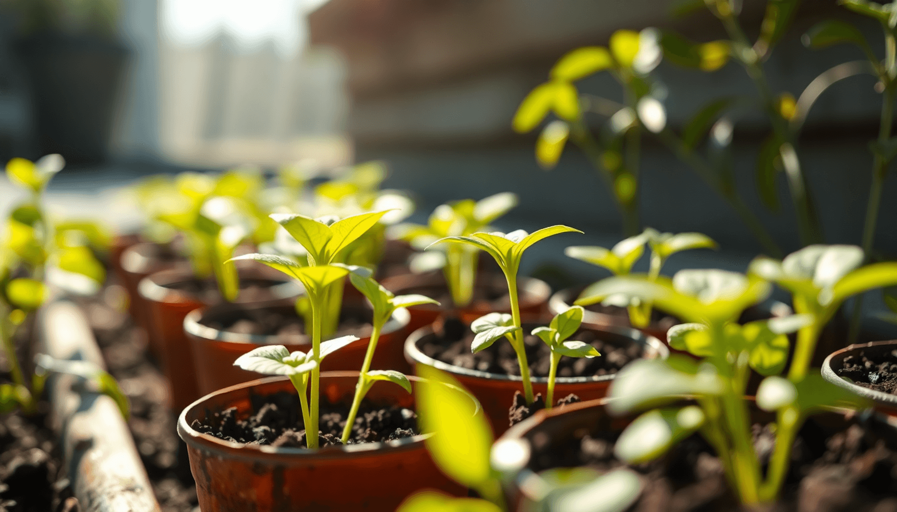 Close-up of healthy green seedlings in small pots outdoors with morning sunlight, fresh soil, delicate leaves, and gentle breeze suggesting plant g… Close-up of healthy green seedlings in small pots outdoors with morning sunlight, fresh soil, delicate leaves, and gentle breeze suggesting plant g...