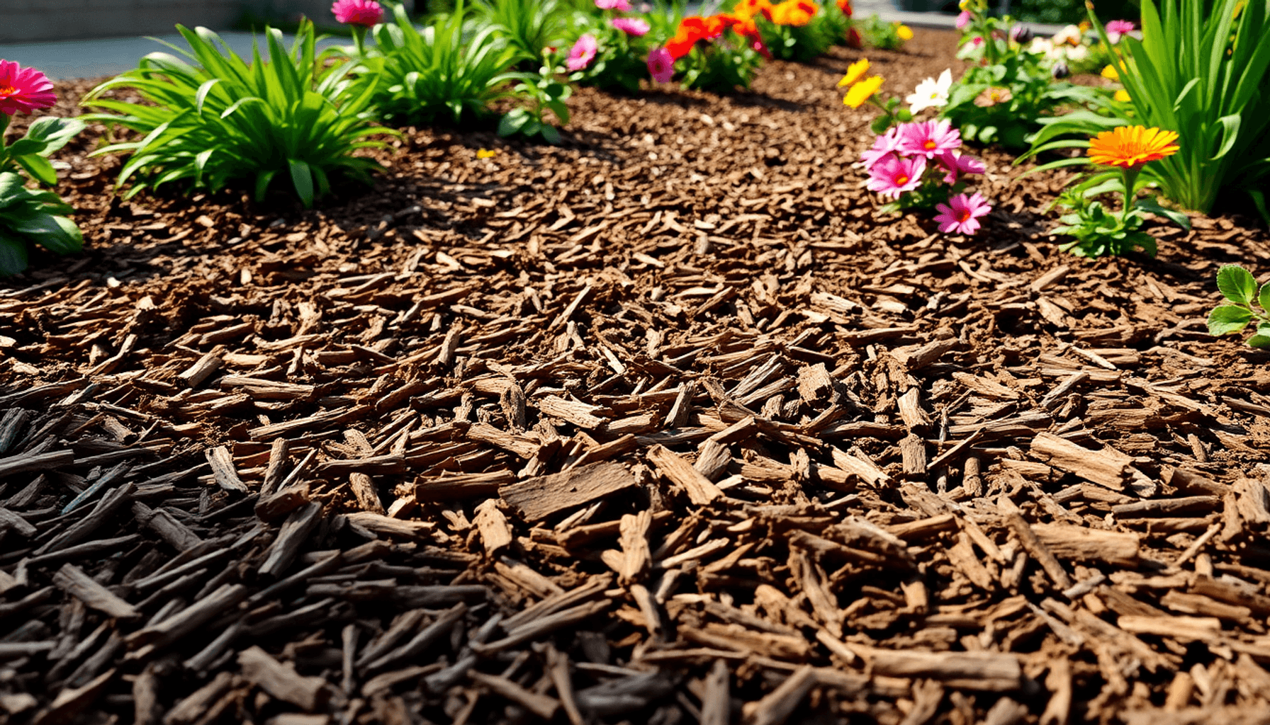 Close-up of rich brown bark mulch evenly spread in a garden bed with green plants and colorful flowers, softly lit by natural sunlight. Close-up of rich brown bark mulch evenly spread in a garden bed with green plants and colorful flowers, softly lit by natural sunlight.
