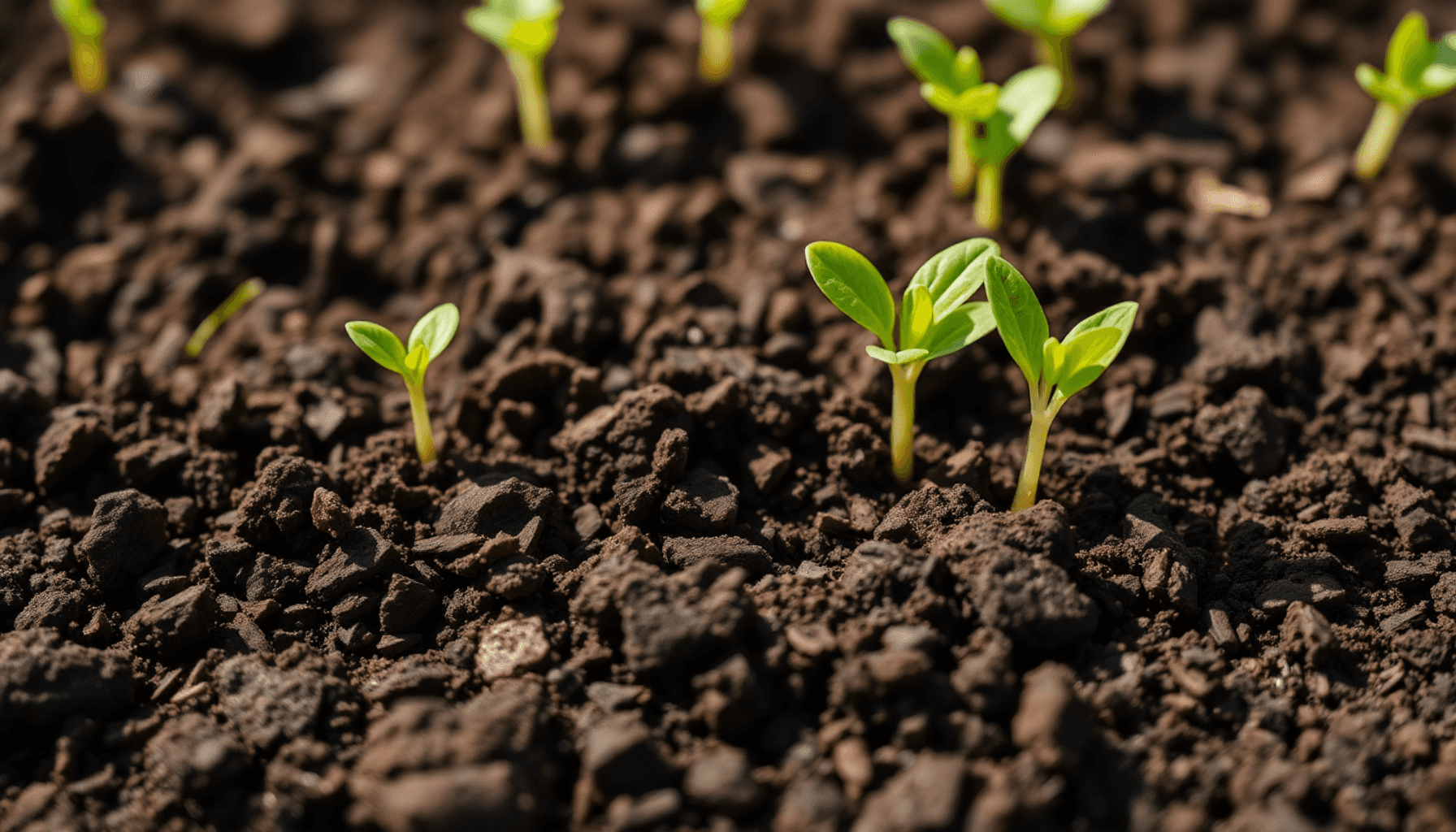 Close-up of rich, dark loam soil with balanced texture and green seedlings sprouting under natural sunlight. Close-up of rich, dark loam soil with balanced texture and green seedlings sprouting under natural sunlight.