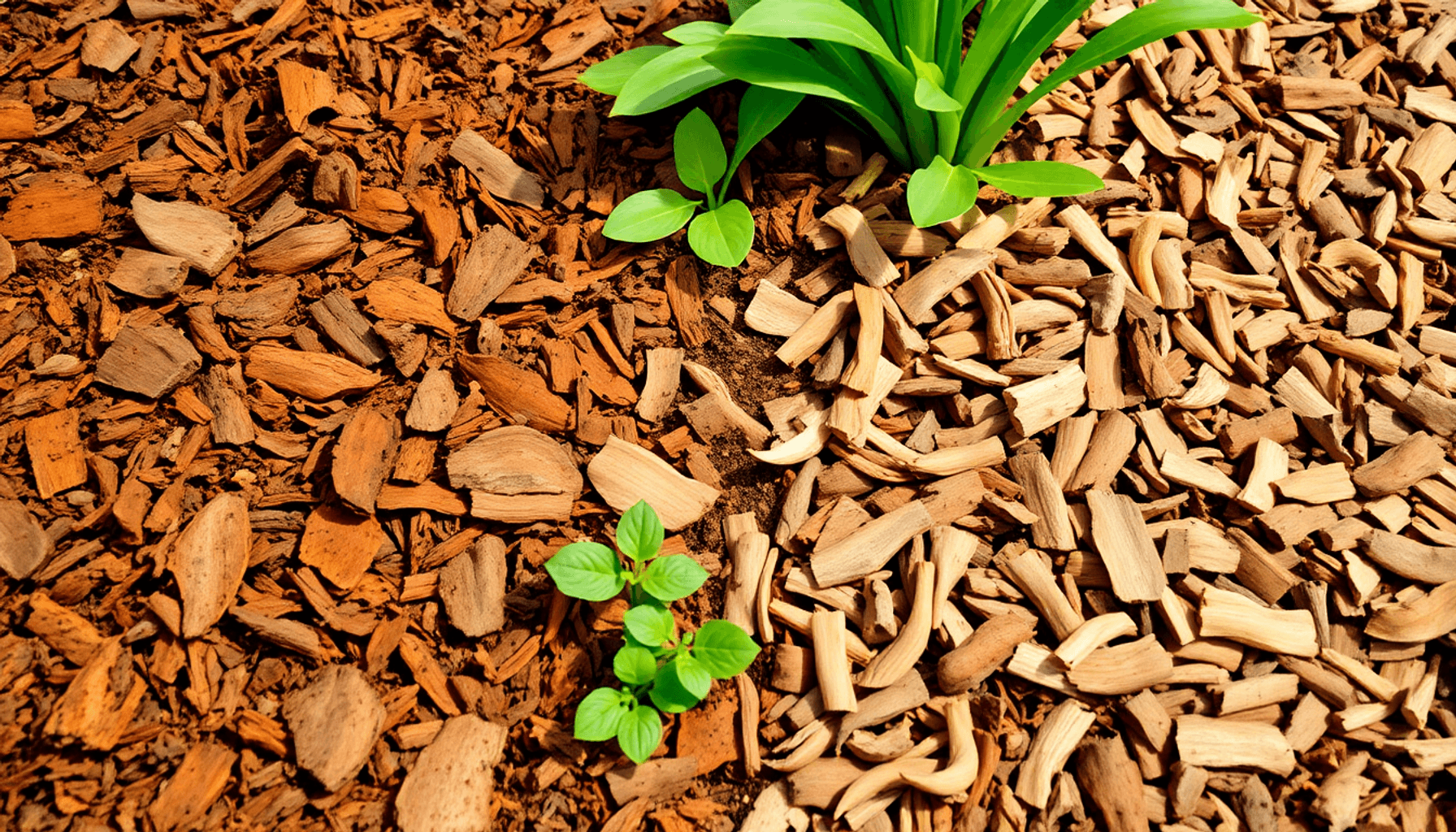 Close-up of textured bark mulch and uniform wood chips beside green plants and soil, illuminated by soft natural light in a vibrant garden setting.