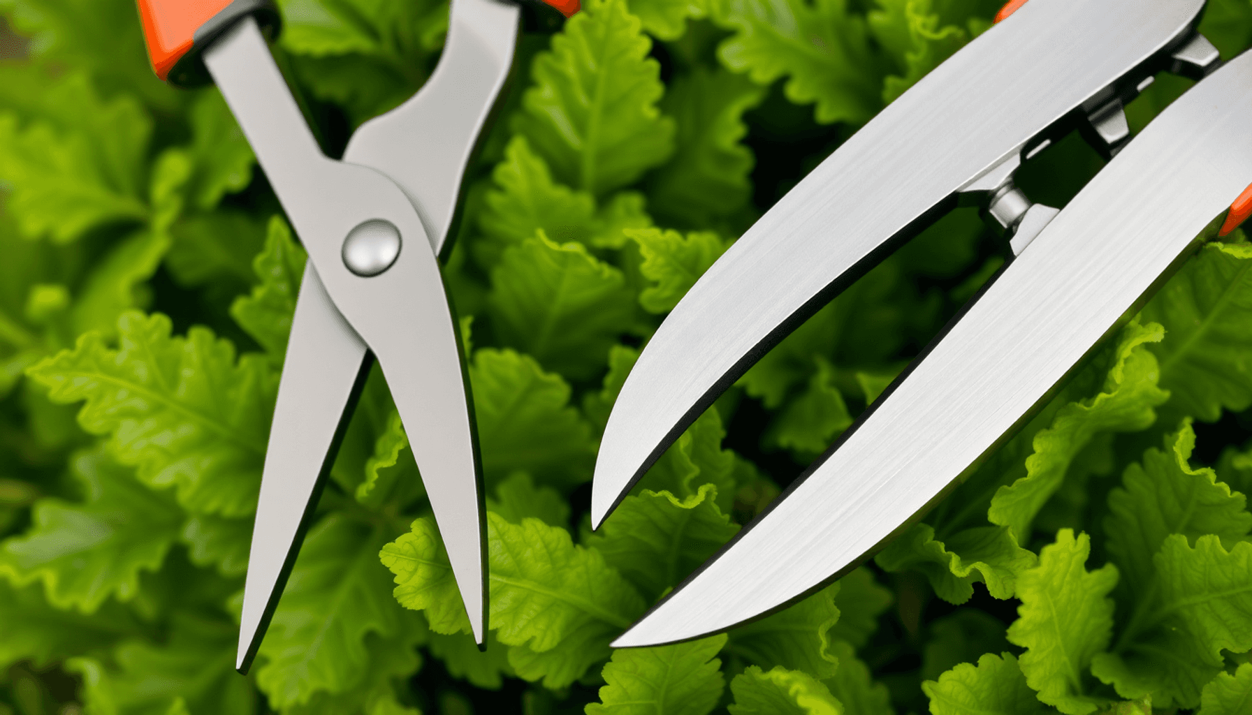 Close-up of two gardening secateurs, bypass and anvil types, resting on green foliage, symbolizing precise and effective pruning tools. Close-up of two gardening secateurs, bypass and anvil types, resting on green foliage, symbolizing precise and effective pruning tools.