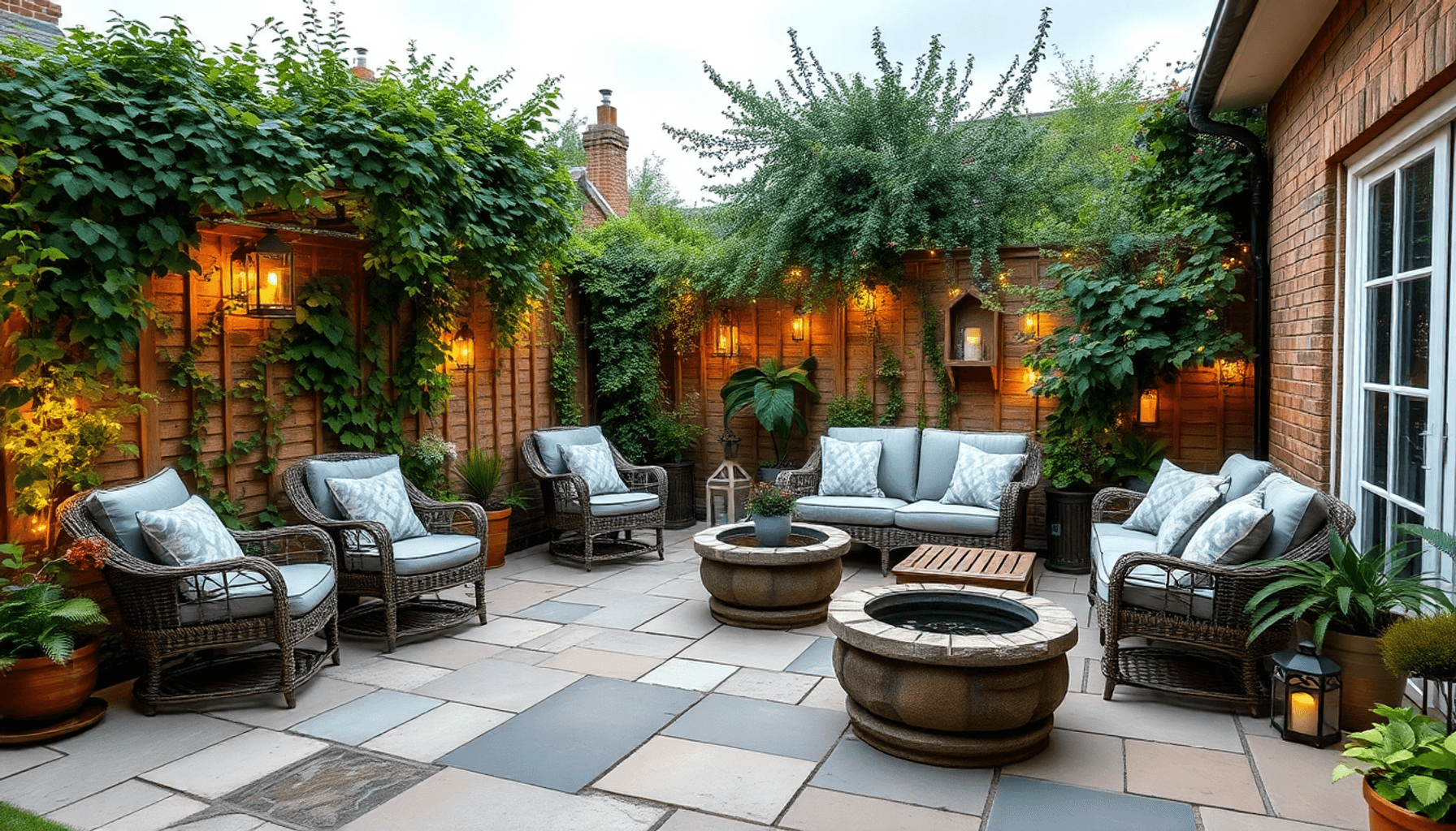 Cozy UK garden patio with stone paving, comfortable seating, climbing plants on trellises, warm lantern and fairy lights, and a small water feature… Cozy UK garden patio with stone paving, comfortable seating, climbing plants on trellises, warm lantern and fairy lights, and a small water feature...