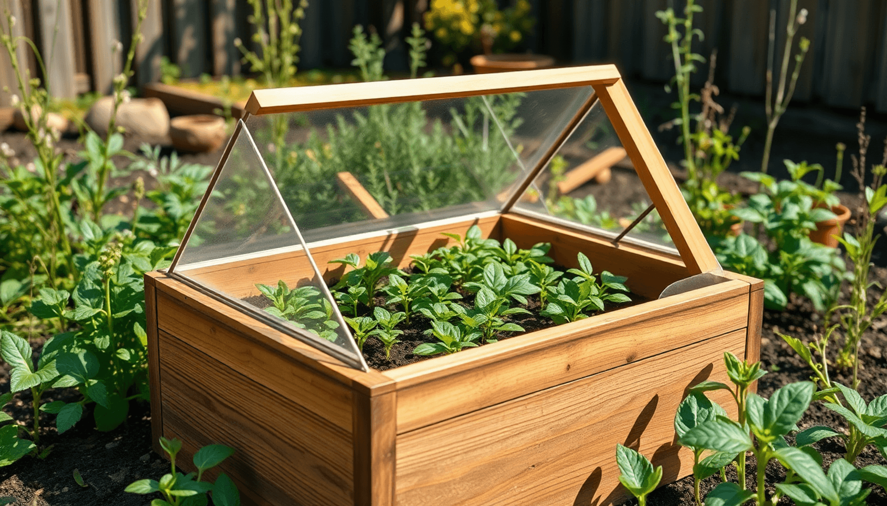 Cozy wooden cold frame garden box with glass lid open, surrounded by green plants and seedlings in a sunny backyard garden.