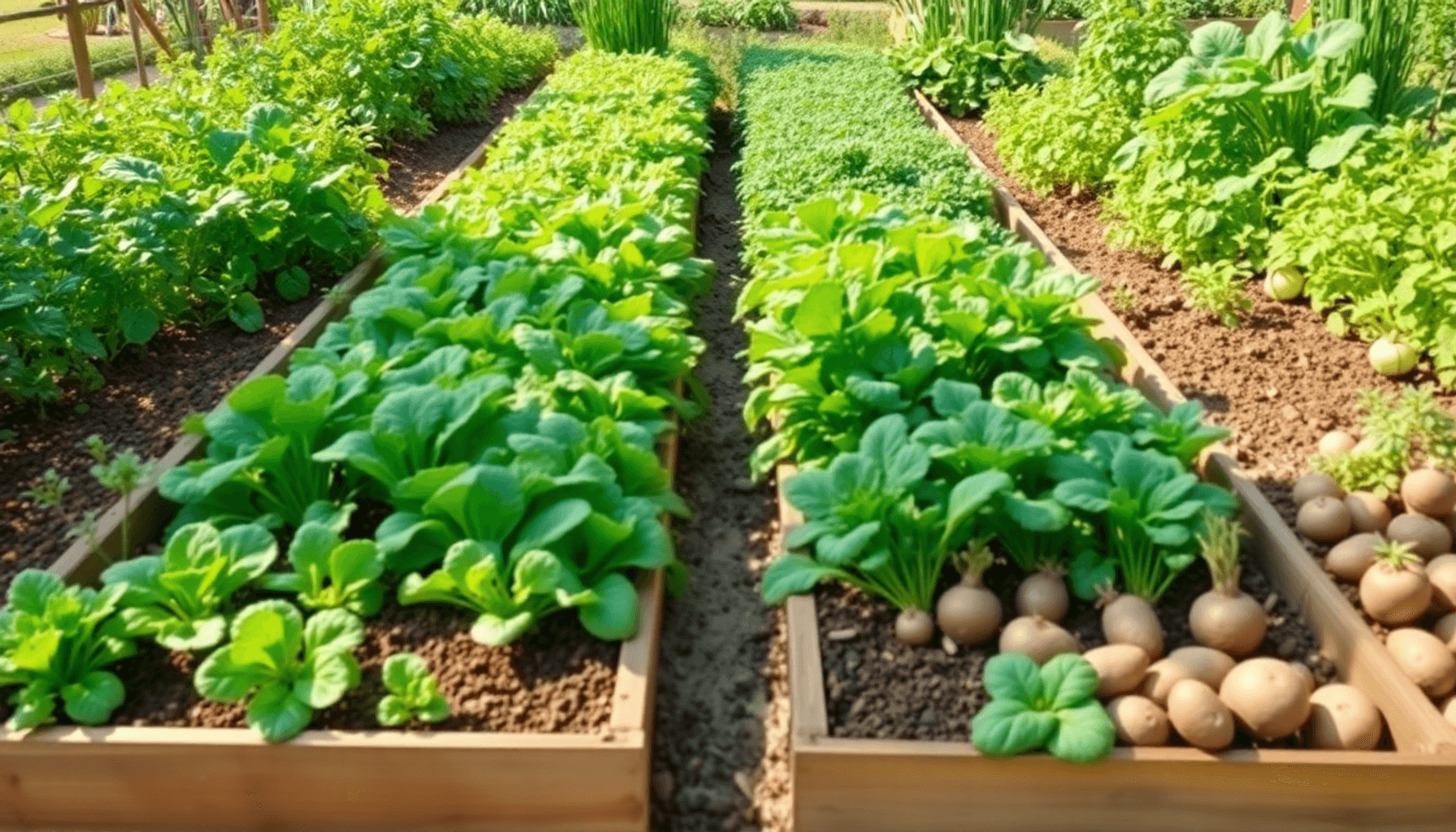 Four raised garden beds with thriving legumes, brassicas, root vegetables, and potatoes under bright sunlight showcasing healthy soil and sustainab...