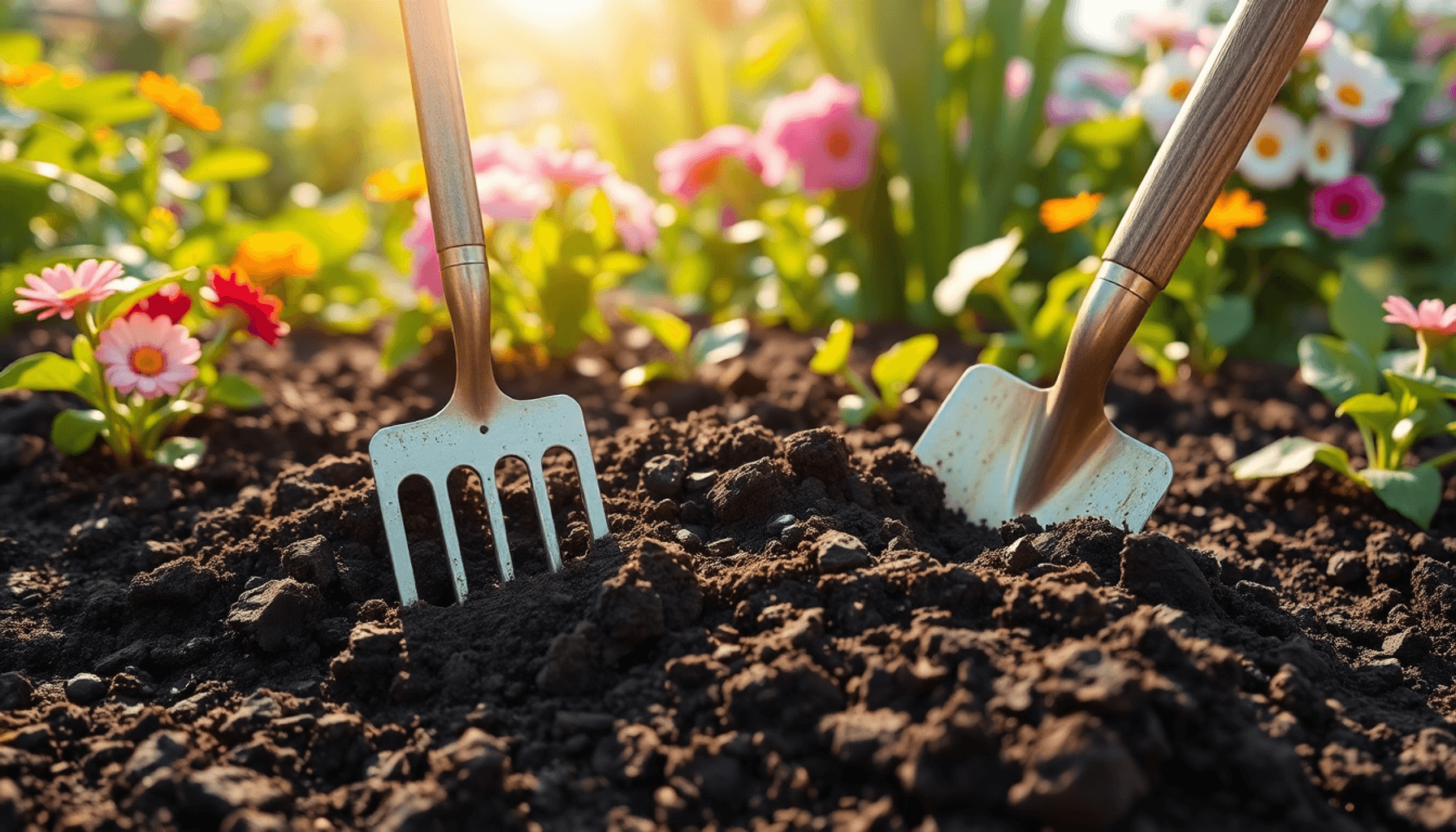 Freshly turned dark soil with a garden fork and spade, surrounded by green plants and blooming flowers under soft sunlight in a vibrant garden.