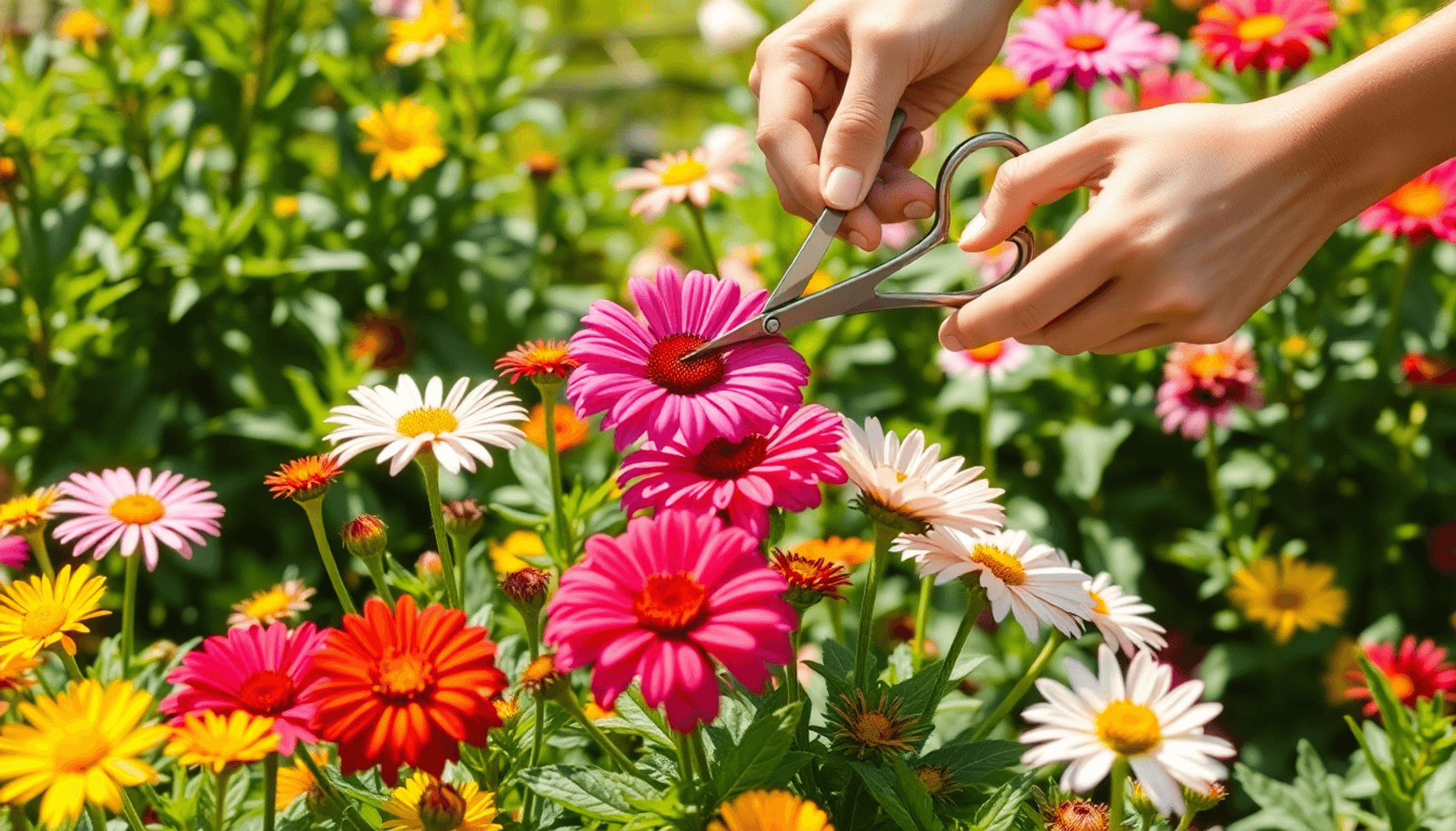 Hands using garden scissors to trim faded blossoms in a vibrant flower garden with green foliage and bright sunlight. Hands using garden scissors to trim faded blossoms in a vibrant flower garden with green foliage and bright sunlight.