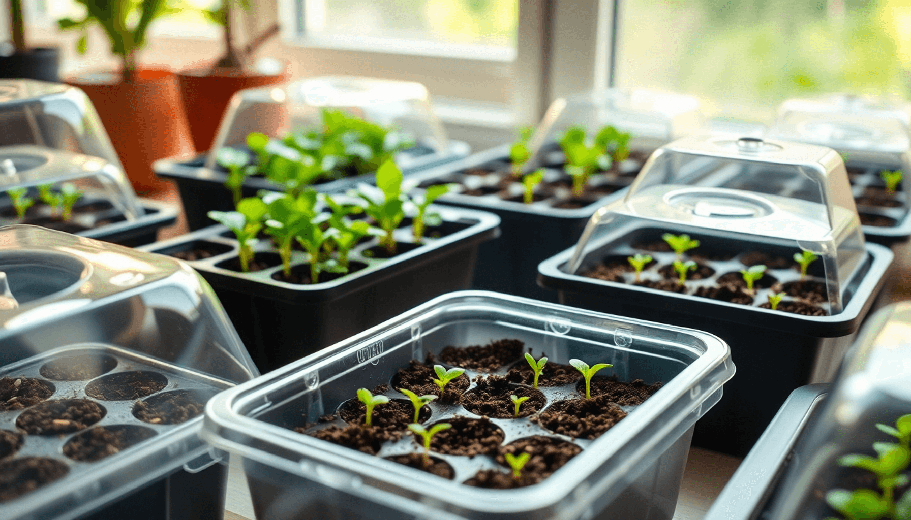 Indoor gardening setup with seed trays and clear propagators showing green seedlings under soft natural light.