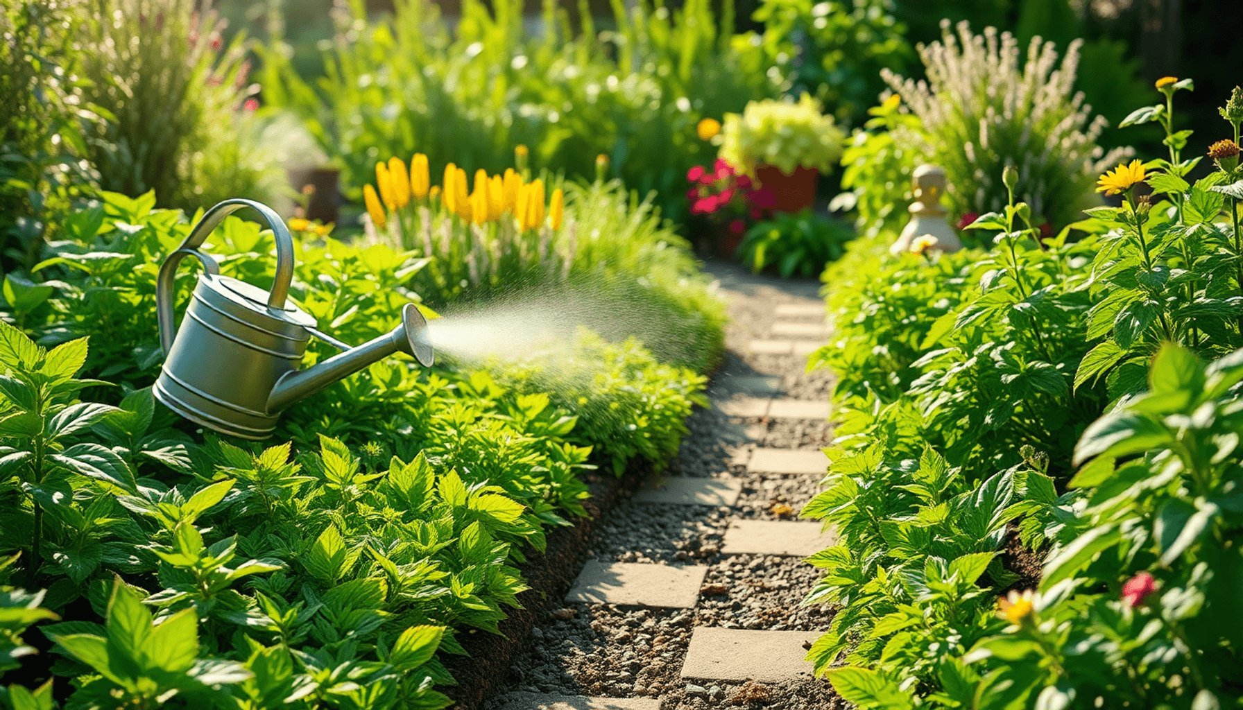 Lush UK garden with green plants, clean pathways, a watering can misting gently, surrounded by leaves and flowers under soft sunlight.