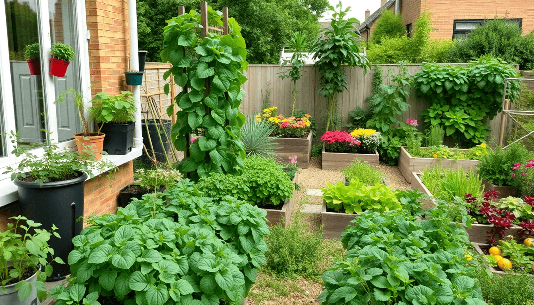 Lush UK suburban garden with container plants, vertical trellises, raised beds, and a spacious backyard full of colorful vegetables in soft natural… Lush UK suburban garden with container plants, vertical trellises, raised beds, and a spacious backyard full of colorful vegetables in soft natural...