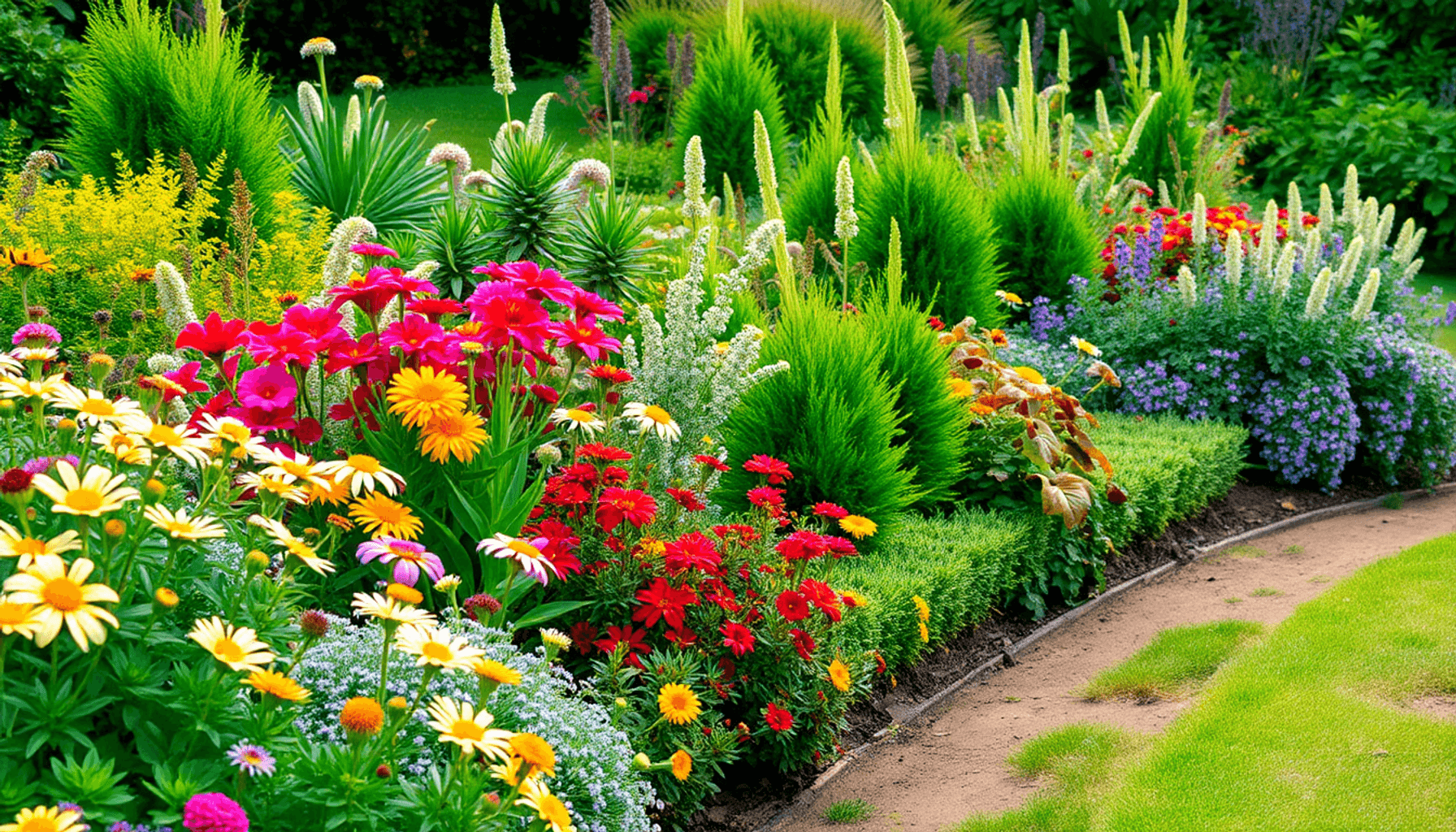 Lush garden border with colorful flowers, evergreen shrubs, and varied foliage along a curved path, with bees and butterflies in soft natural dayli… Lush garden border with colorful flowers, evergreen shrubs, and varied foliage along a curved path, with bees and butterflies in soft natural dayli...