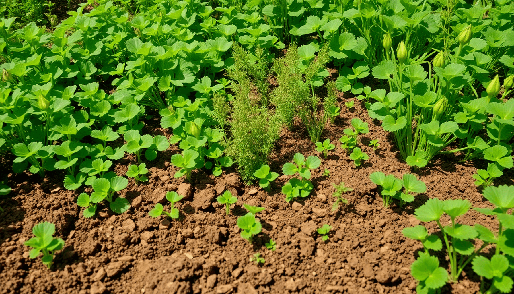 Lush garden with dense green manure crops like clover, rye, and beans growing in rich soil, sunlight filtering through leaves, symbolizing sustaina… Lush garden with dense green manure crops like clover, rye, and beans growing in rich soil, sunlight filtering through leaves, symbolizing sustaina...